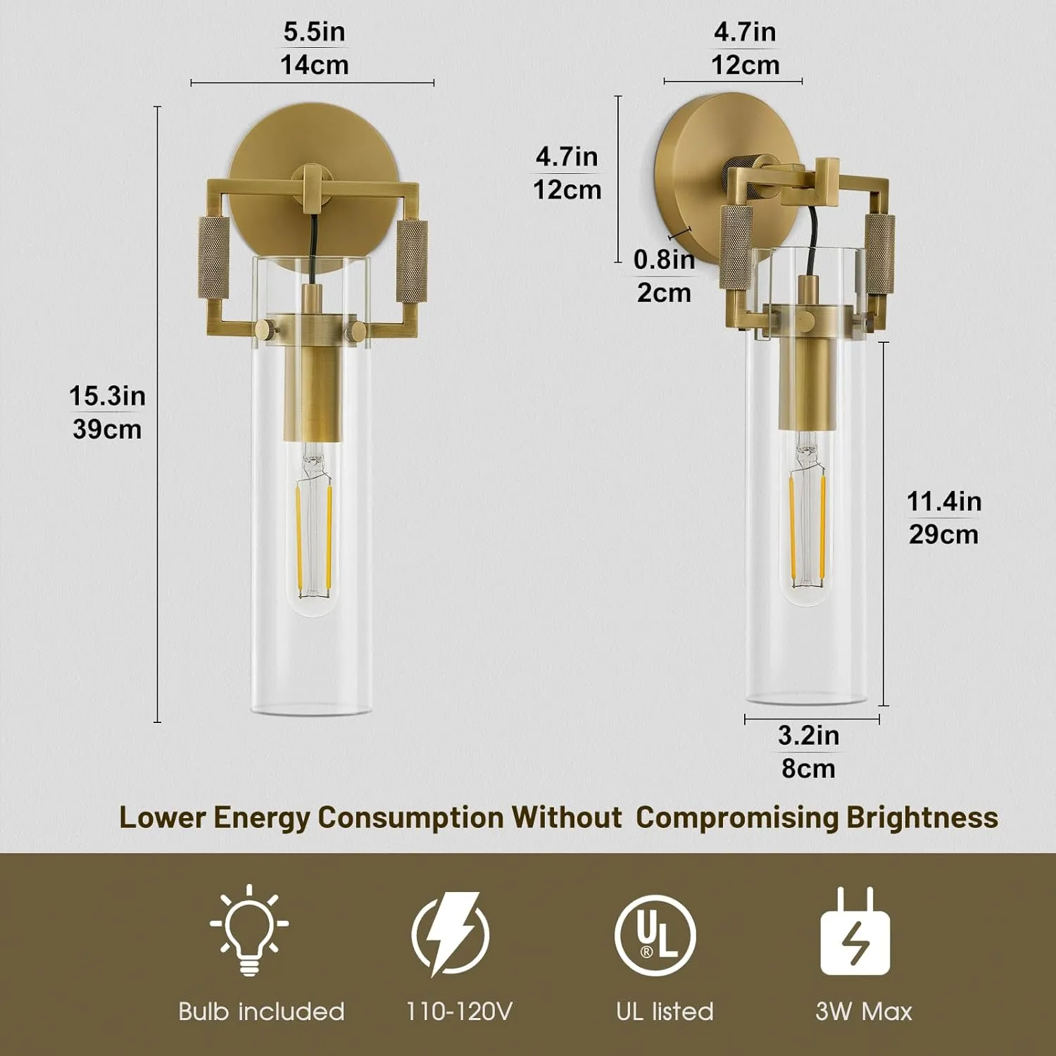 Modern Gold Indoor Wall Sconces Set of 2, 15'' knurled Brass Bathroom Wall Sconces, Glass Bathroom Vanity Light, for Living Room, Bedrooms, Hallway, Staircases, Include Bulb