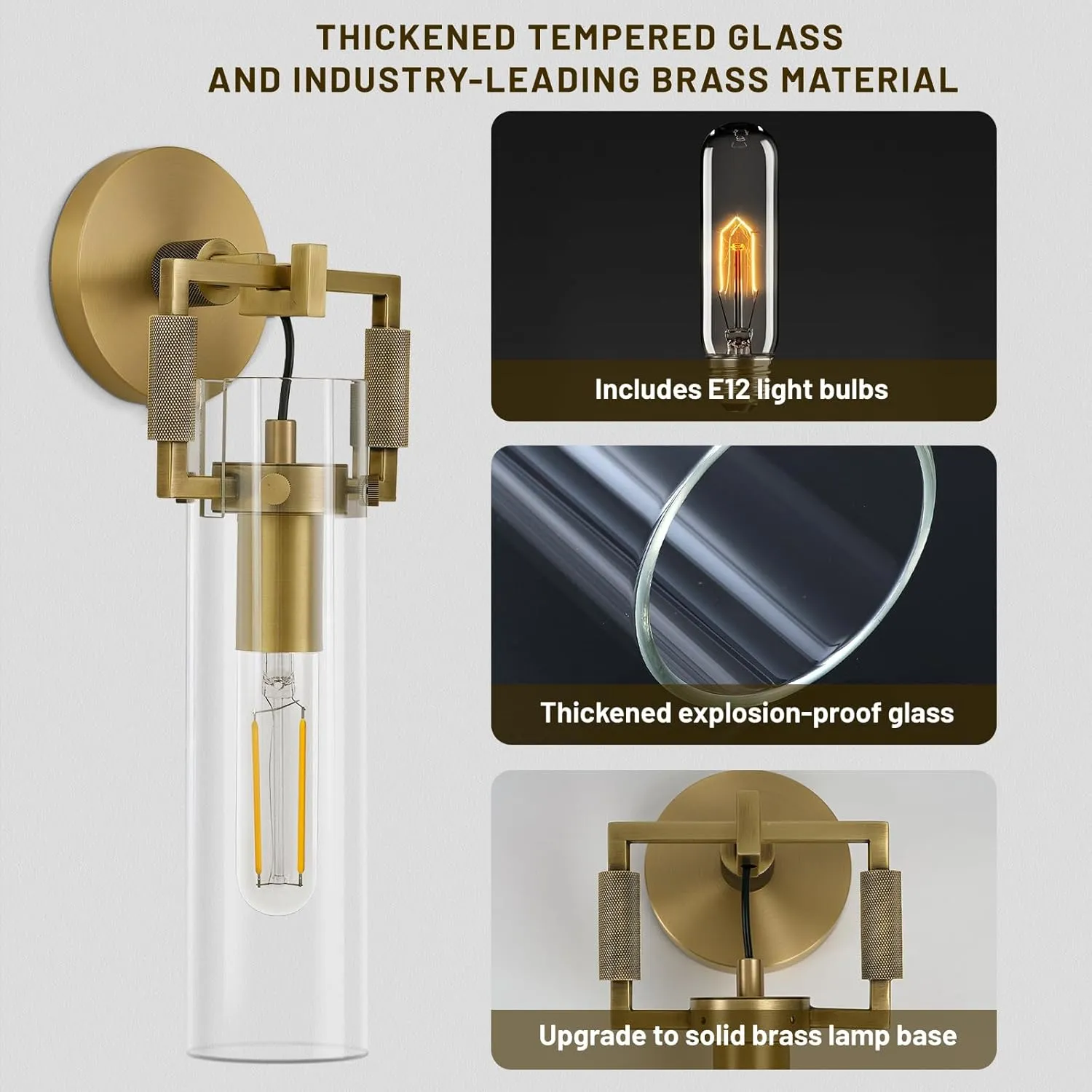 Modern Gold Indoor Wall Sconces Set of 2, 15'' knurled Brass Bathroom Wall Sconces, Glass Bathroom Vanity Light, for Living Room, Bedrooms, Hallway, Staircases, Include Bulb