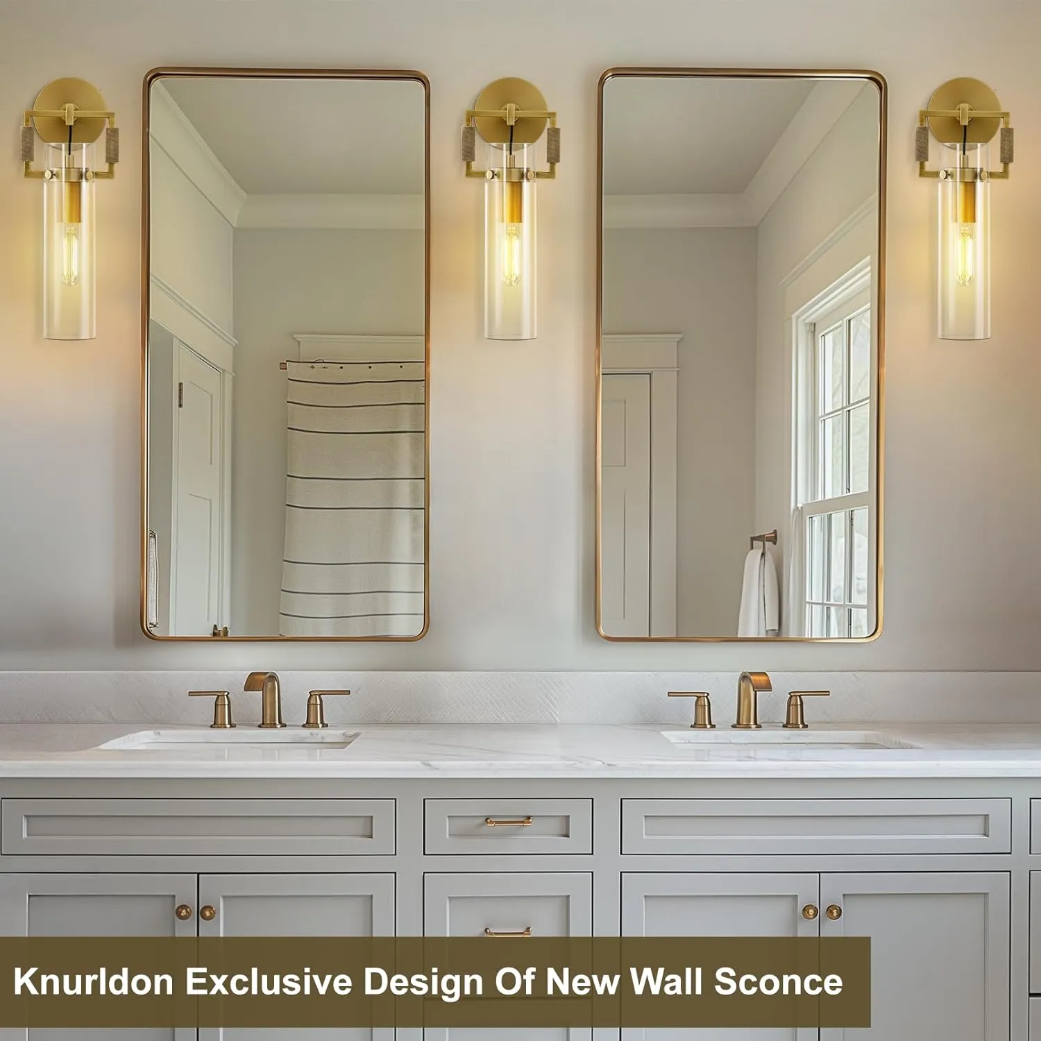 Modern Gold Indoor Wall Sconces Set of 2, 15'' knurled Brass Bathroom Wall Sconces, Glass Bathroom Vanity Light, for Living Room, Bedrooms, Hallway, Staircases, Include Bulb