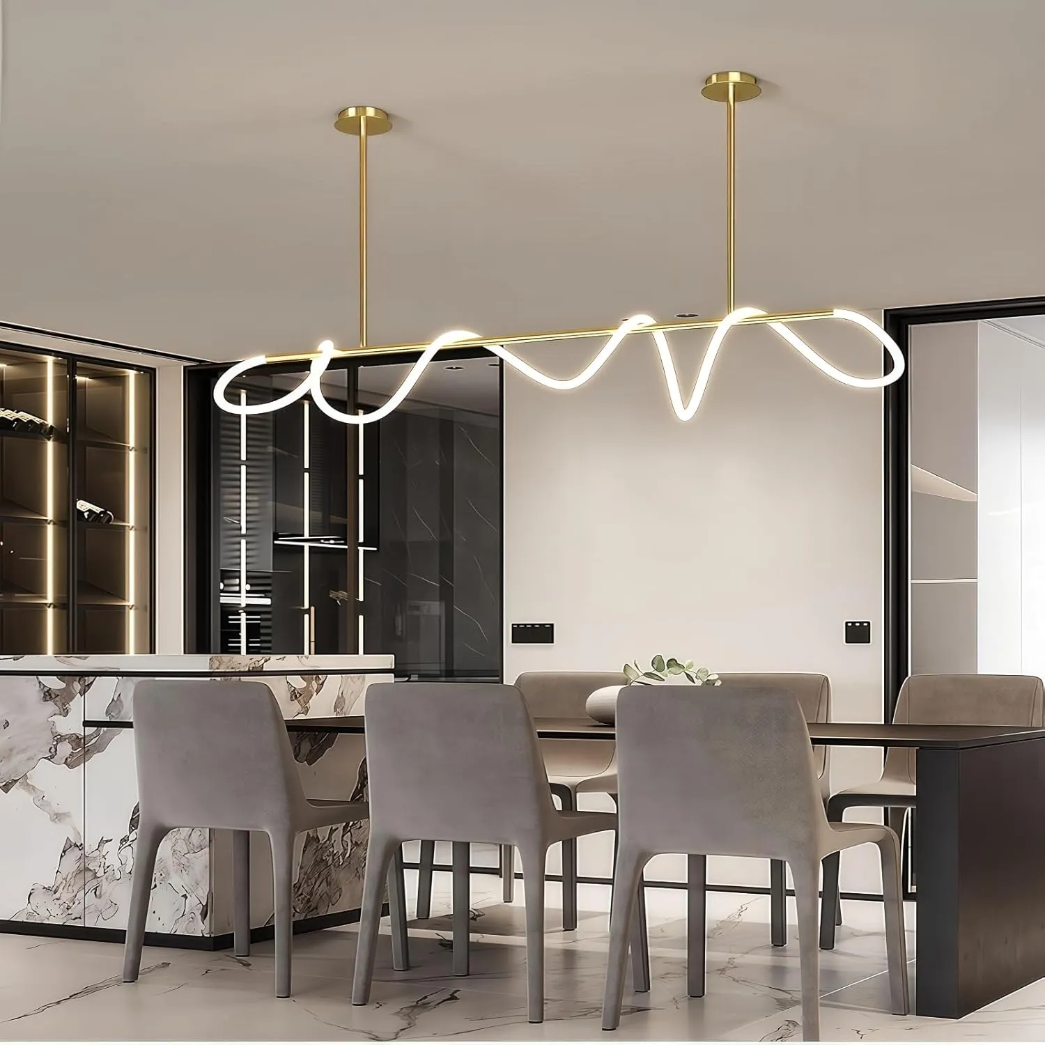 Modern LED Linear Pendant Light, DIY 59 inch Gold Chandelier, with Remote Height Adjustable Ceiling Hanging Dining Room Light Fixture, Kitchen Island Lighting, Restaurant Long Hose Lamp