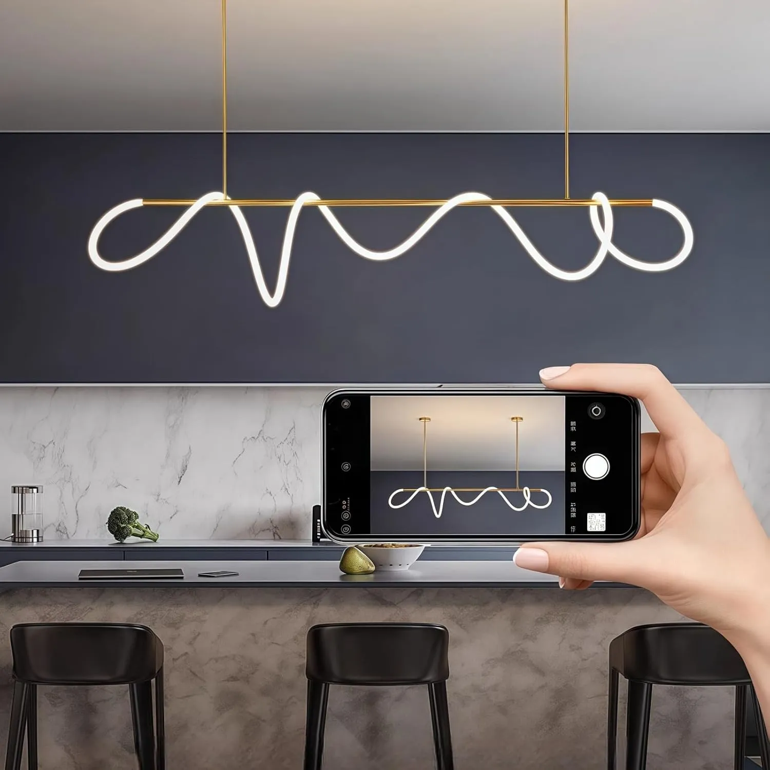 Modern LED Linear Pendant Light, DIY 59 inch Gold Chandelier, with Remote Height Adjustable Ceiling Hanging Dining Room Light Fixture, Kitchen Island Lighting, Restaurant Long Hose Lamp