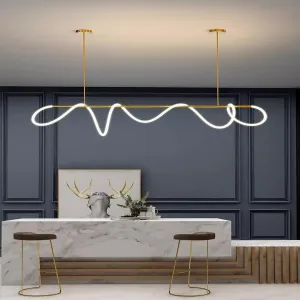 Modern LED Linear Pendant Light, DIY 59 inch Gold Chandelier, with Remote Height Adjustable Ceiling Hanging Dining Room Light Fixture, Kitchen Island Lighting, Restaurant Long Hose Lamp