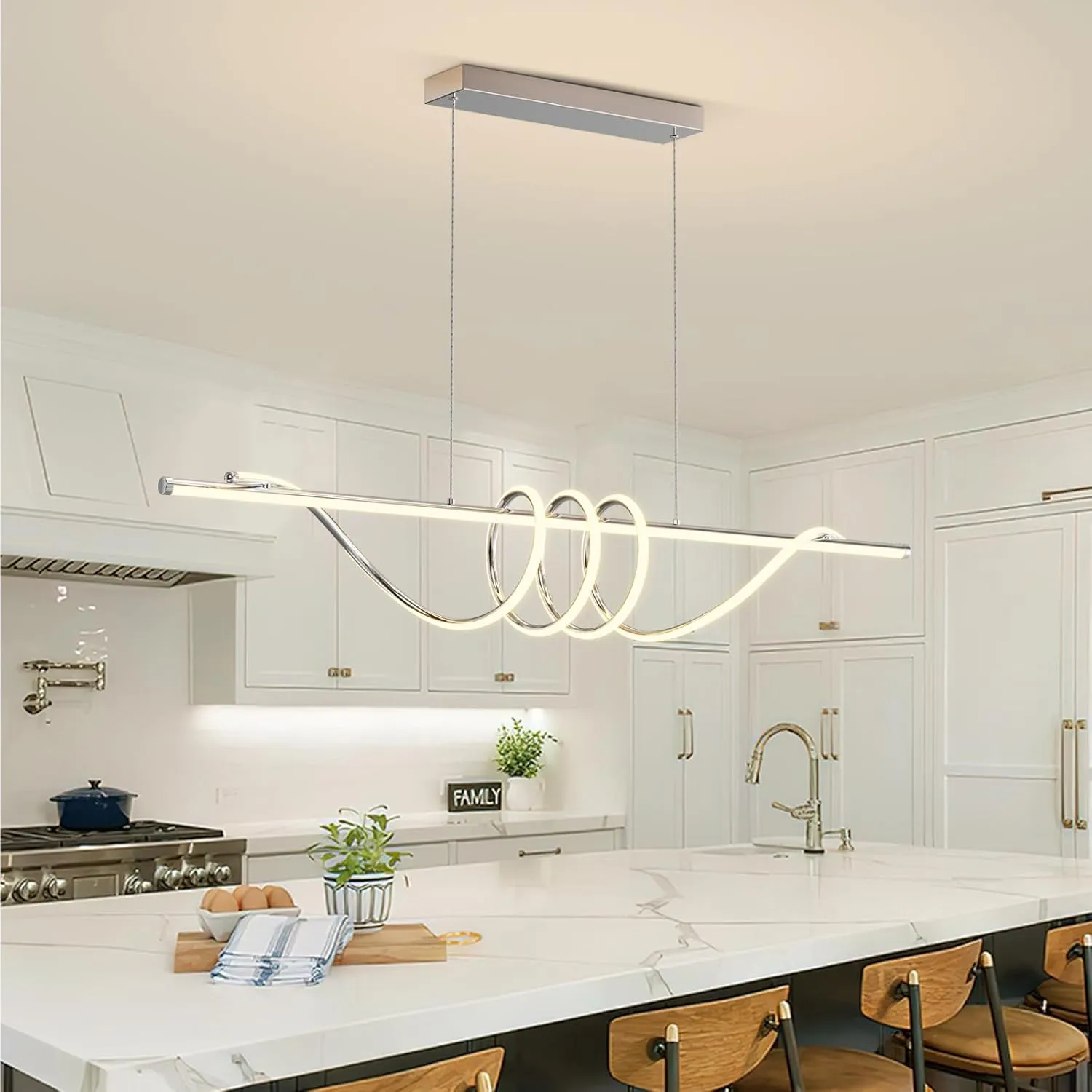 Modern LED Pendent Lights Kitchen Island,3000k-6000K Adjustable Color Dining Room Light Fixture,Dimmable with Remote Control Aluminum for Kitchen, Living, Dining,Bedroom(57in Chrome Silver
