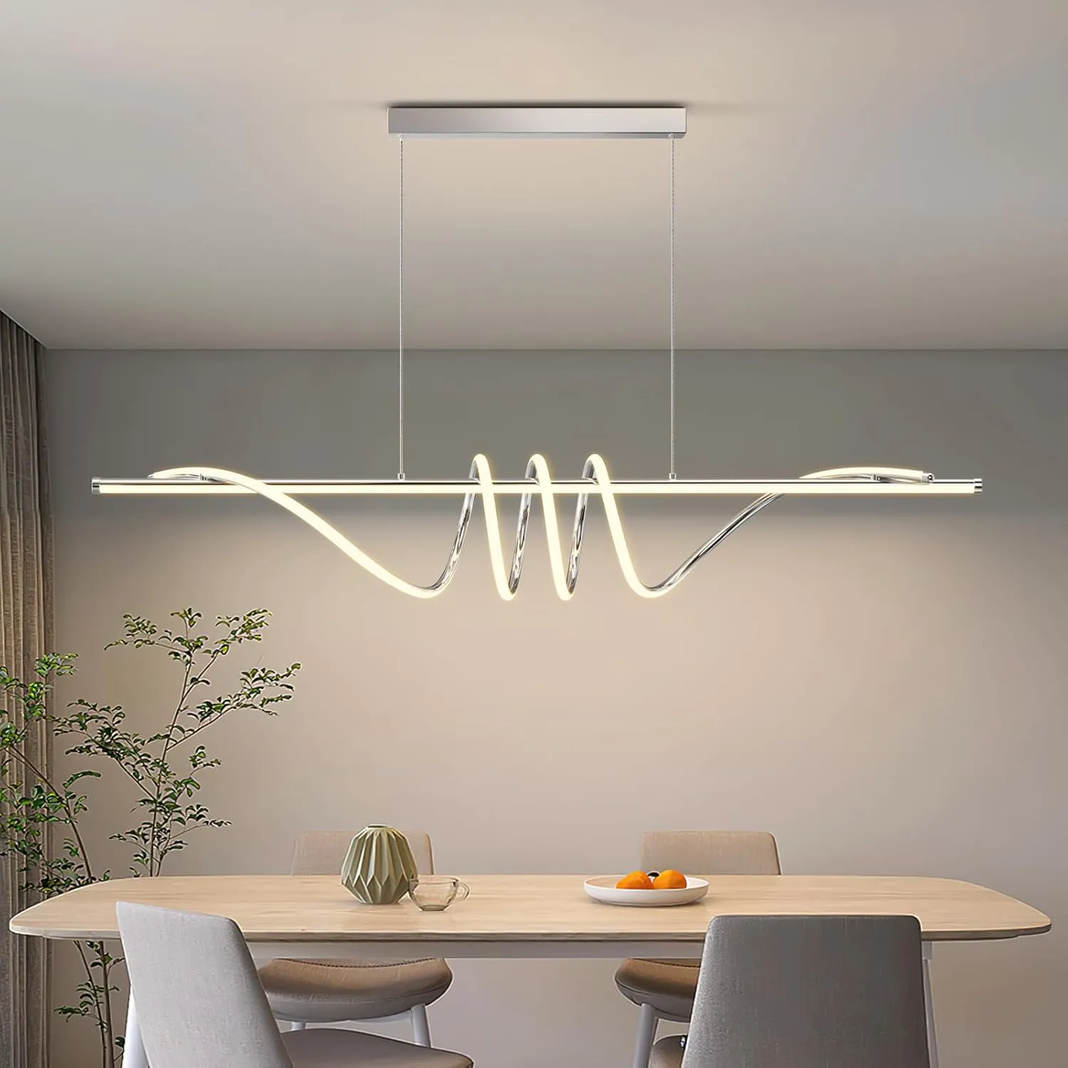 Modern LED Pendent Lights Kitchen Island,3000k-6000K Adjustable Color Dining Room Light Fixture,Dimmable with Remote Control Aluminum for Kitchen, Living, Dining,Bedroom(57in Chrome Silver