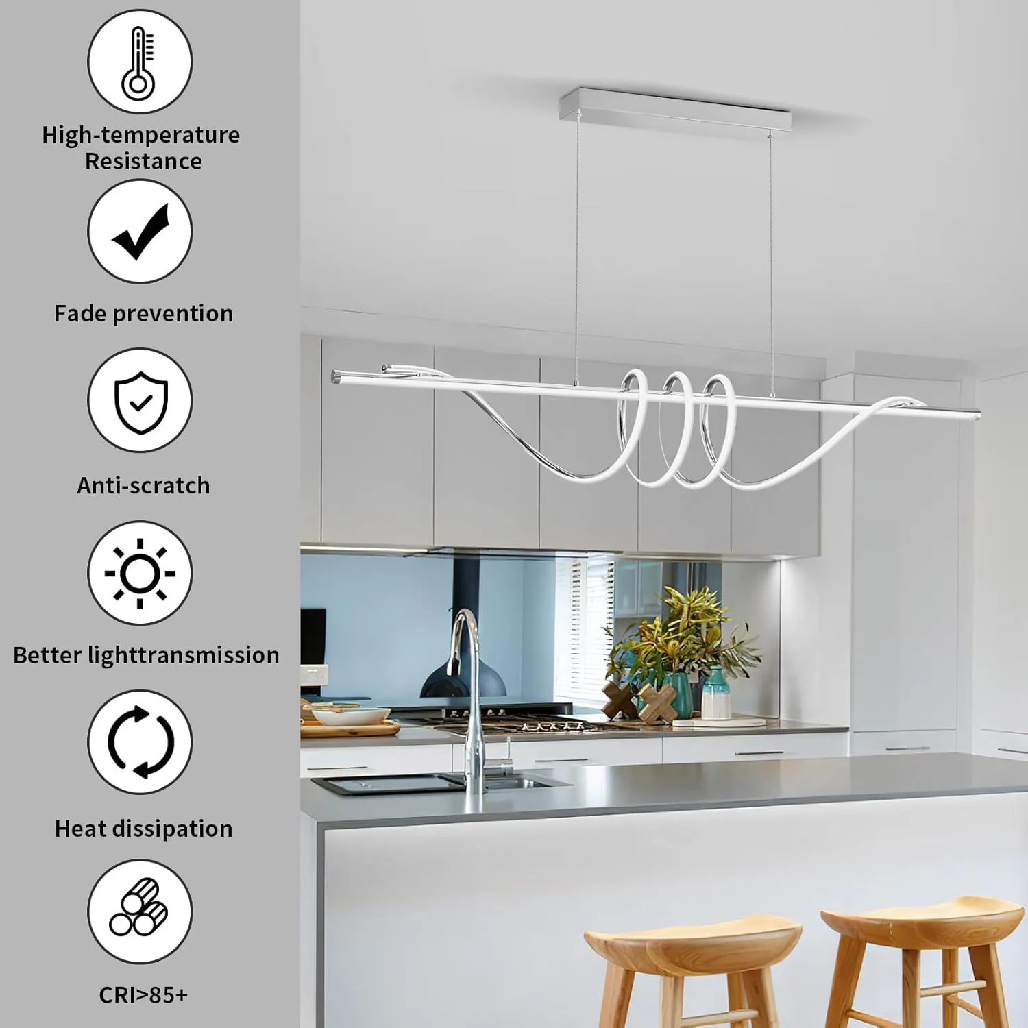 Modern LED Pendent Lights Kitchen Island,3000k-6000K Adjustable Color Dining Room Light Fixture,Dimmable with Remote Control Aluminum for Kitchen, Living, Dining,Bedroom(57in Chrome Silver