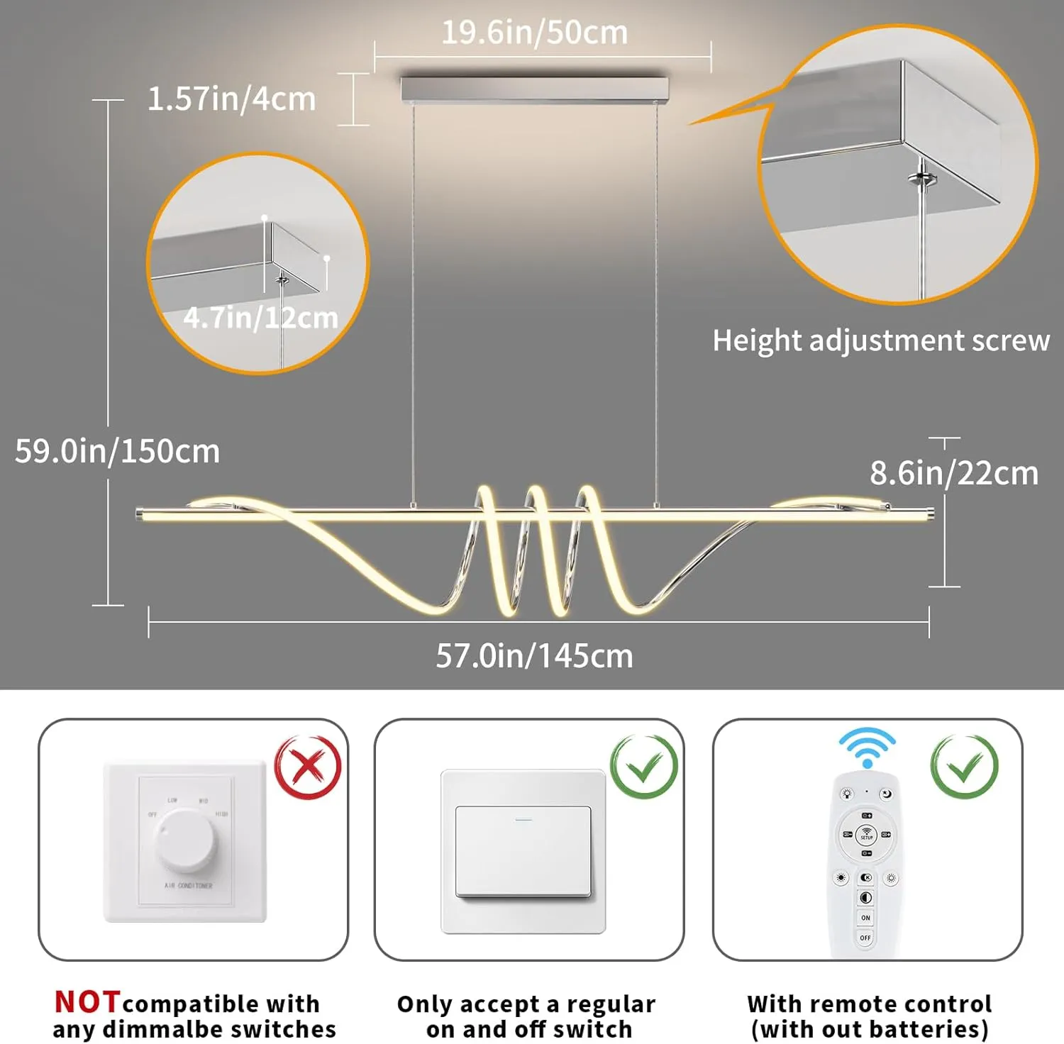Modern LED Pendent Lights Kitchen Island,3000k-6000K Adjustable Color Dining Room Light Fixture,Dimmable with Remote Control Aluminum for Kitchen, Living, Dining,Bedroom(57in Chrome Silver