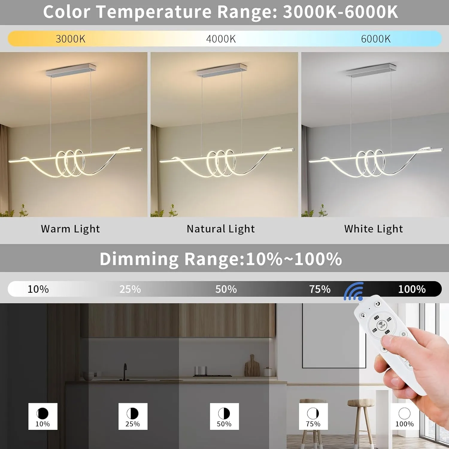 Modern LED Pendent Lights Kitchen Island,3000k-6000K Adjustable Color Dining Room Light Fixture,Dimmable with Remote Control Aluminum for Kitchen, Living, Dining,Bedroom(57in Chrome Silver