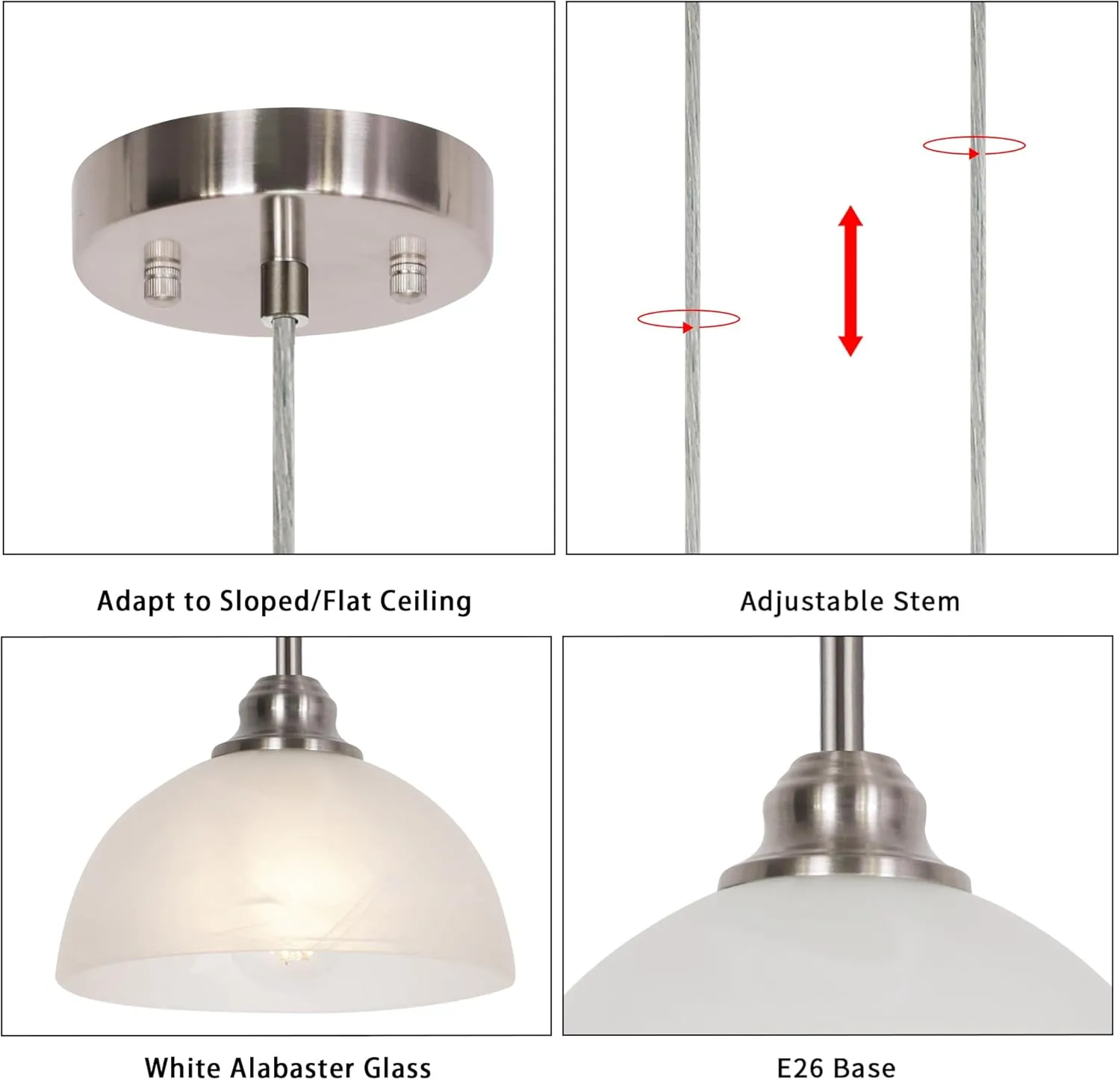 Modern Pendant Light Fixtures 2 Pack, Brushed Nickel Kitchen Lighting with White Alabaster Glass Finish Pendant Lamp,Farmhouse Hanging Light Fixture for Dining Room Bedroom, Bedside Hallway
