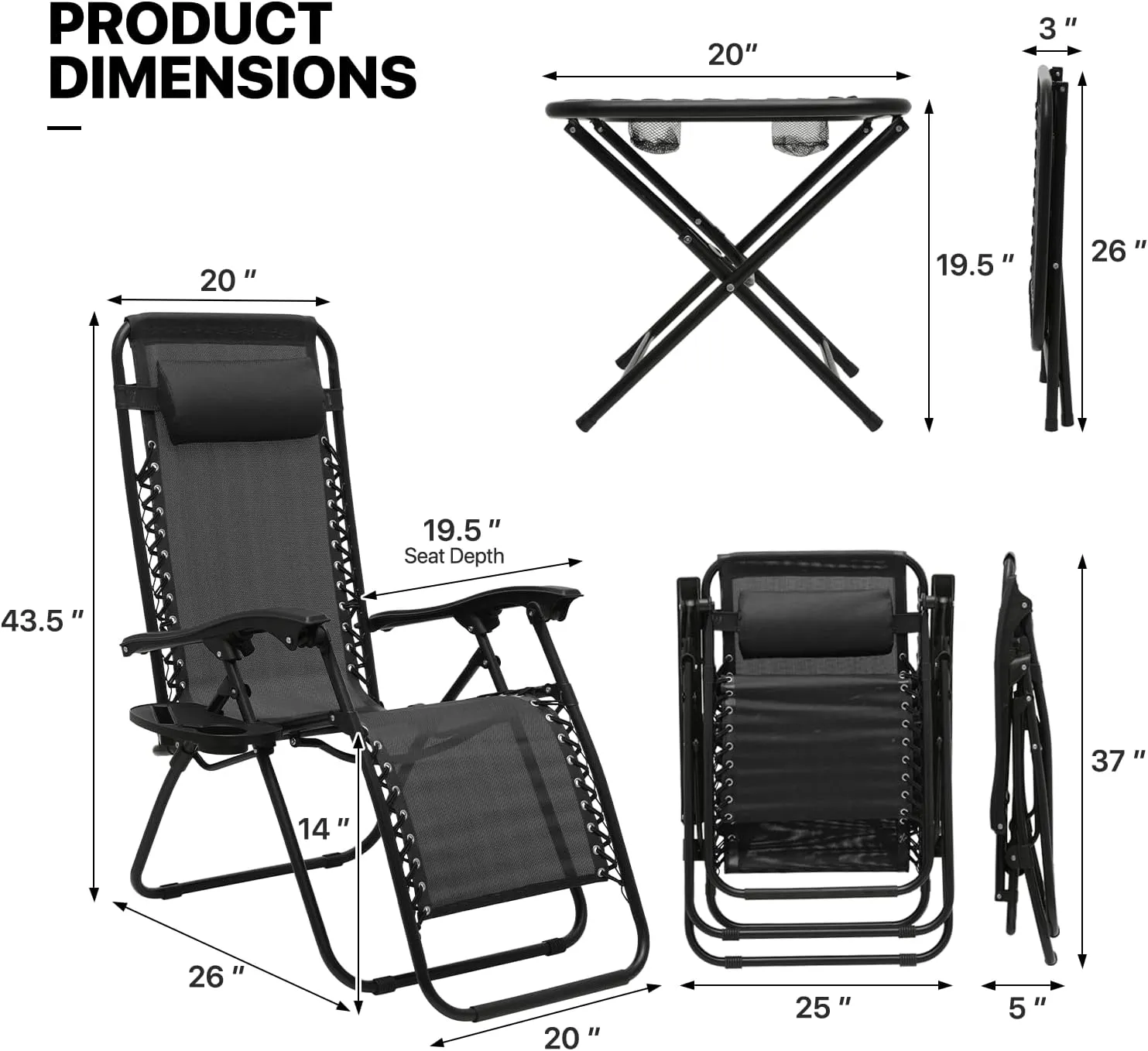 MoNiBloom Table and Patio Chairs Set of 3, Outdoor Adjustable Zero Gravity Folding Breathable Mesh Reclining Lounge Chairs with Pillow and Side Tray, 330lbs Capacity - Black
