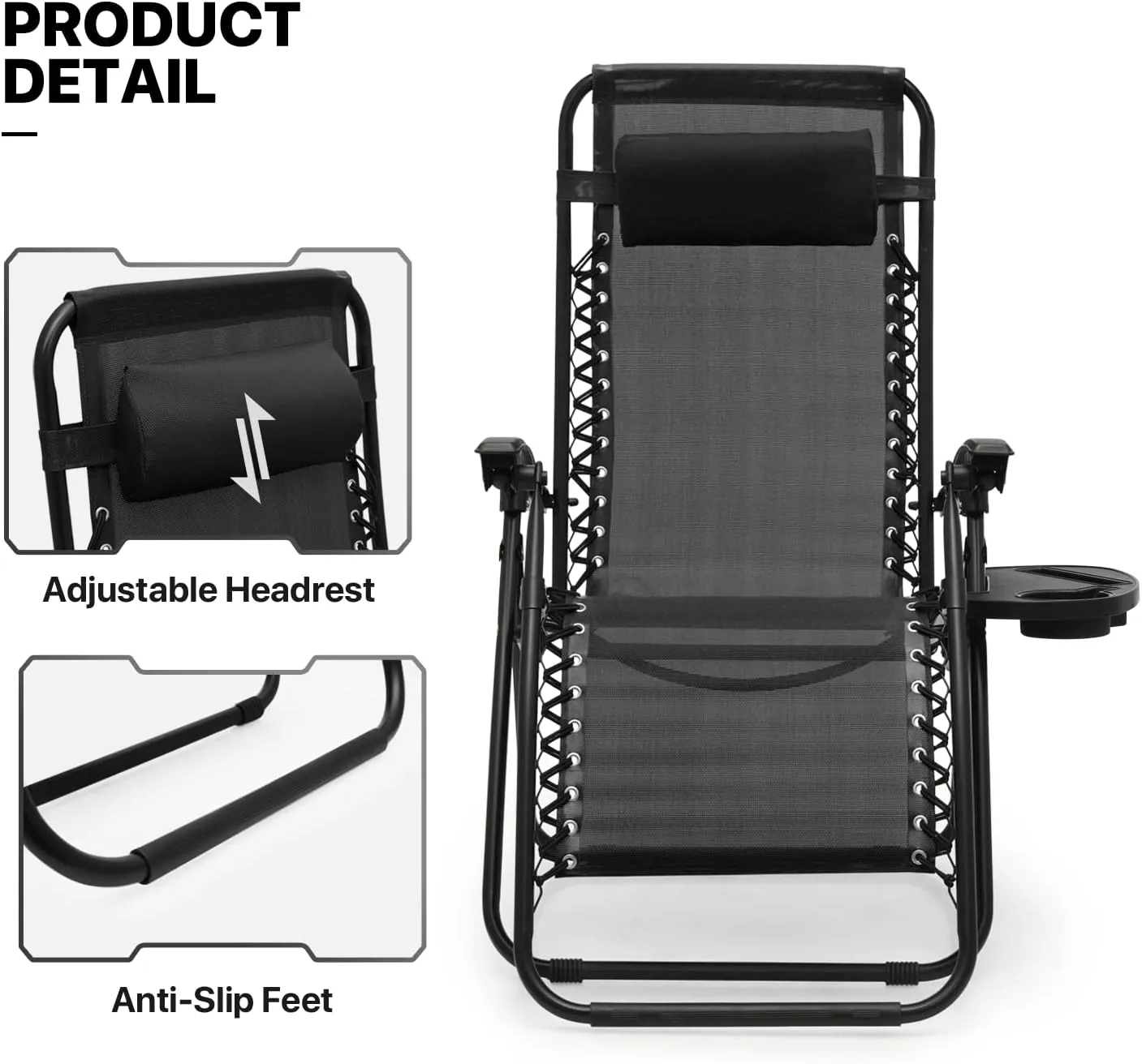 MoNiBloom Table and Patio Chairs Set of 3, Outdoor Adjustable Zero Gravity Folding Breathable Mesh Reclining Lounge Chairs with Pillow and Side Tray, 330lbs Capacity - Black