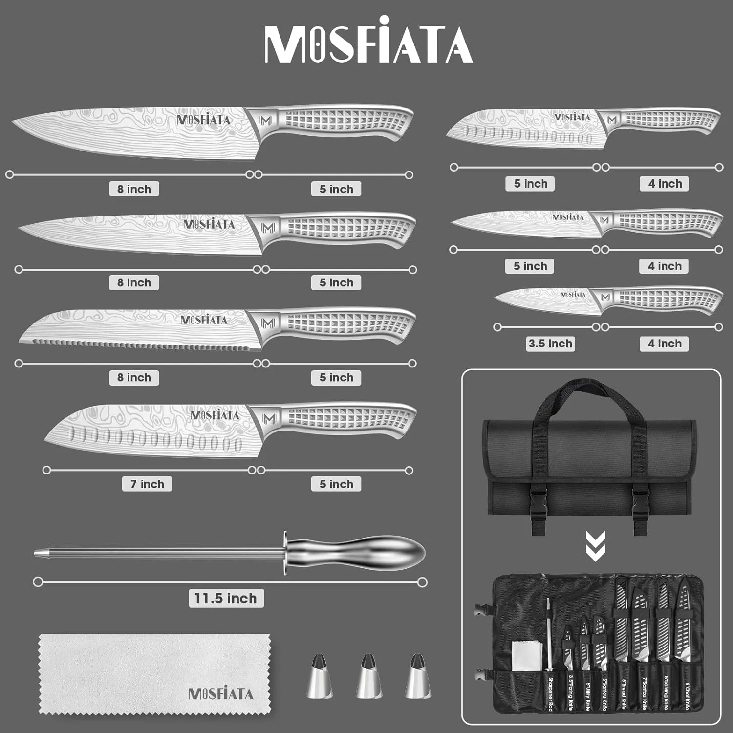 MOSFiATA Kitchen Knife Set, 12 Pcs Japanese Stainless Steel Knife Sets for Kitchen with Oxford cloth storage bag with Knife Sharpening Rod, Dishwasher Safe, For Outdoor