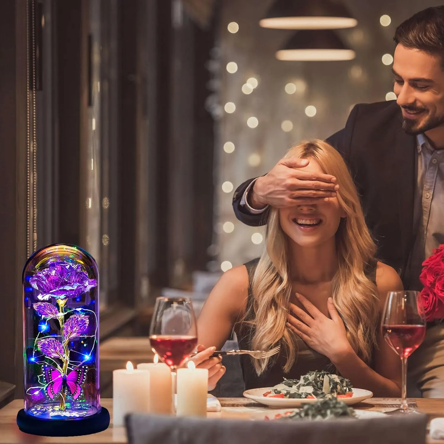 Mothers Day Flowers Gifts for Mom Wife Her Women,Light Up Rose Flower in A Glass Dome,Mother Day Rose Presents Her from Daughter Butterfly Birthday Gifts for Mom Women Sister Grandma Daughter Purple