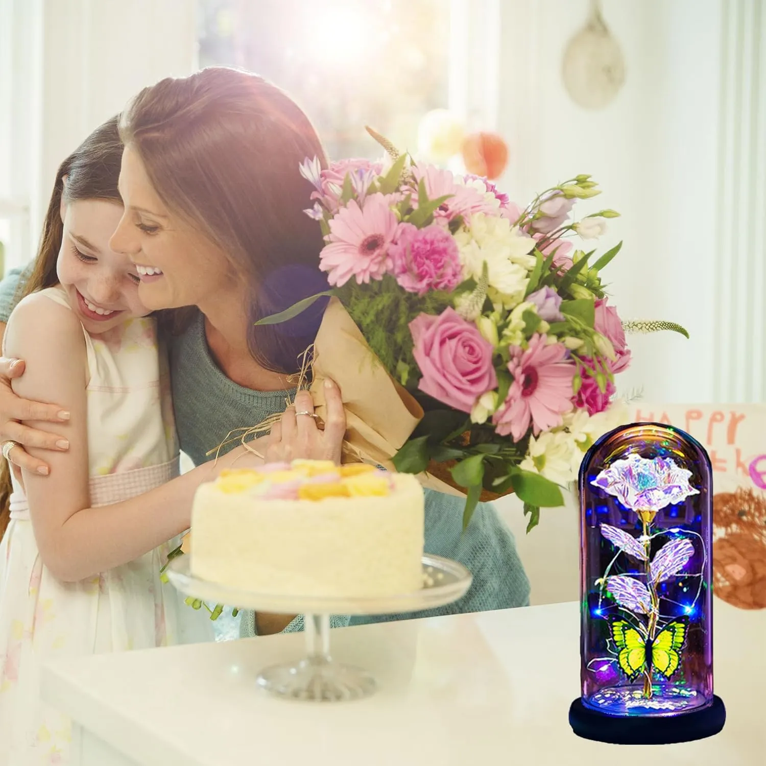 Mothers Day Roses Flowers Gifts for Mom Women Wife Her,Mother Day Rose Gifts for Mom Women,Light Up Rose in A Glass Dome Butterfly Birthday Presents Wife Grandma from Daughter Gold