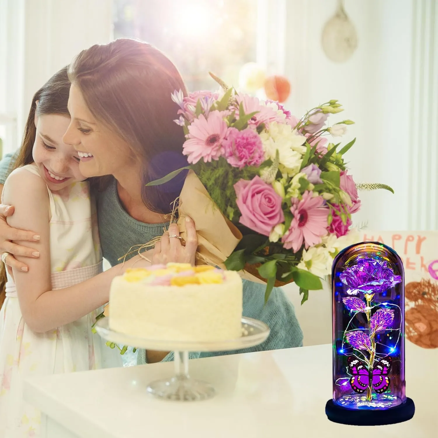 Mothers Day Roses Flowers Gifts for Mom Women Wife Her,Mother Day Rose Gifts for Mom Women,Light Up Rose in A Glass Dome Butterfly Birthday Presents Wife Grandma from Daughter Purple