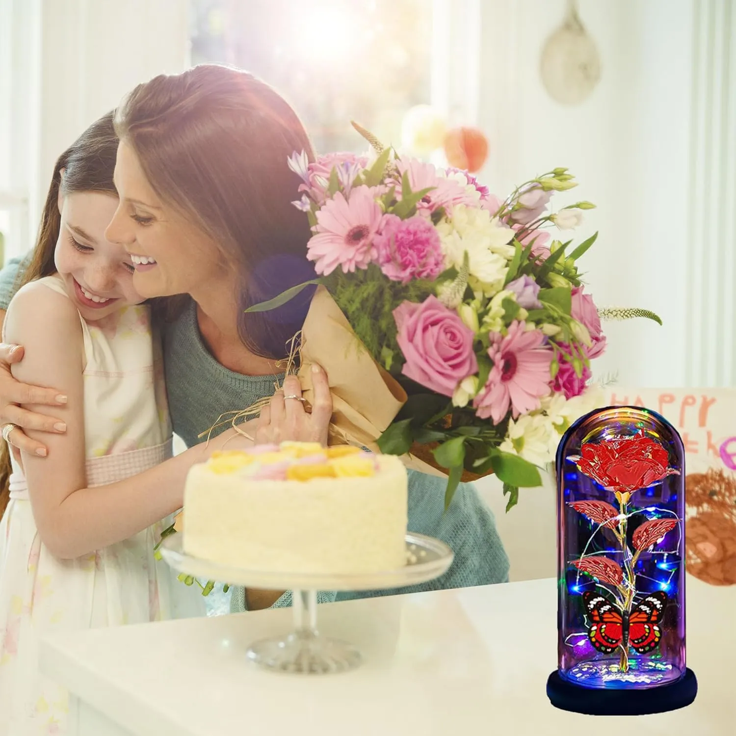 Mothers Day Roses Flowers Gifts for Mom Women Wife Her,Mother Day Rose Gifts for Mom Women,Light Up Rose in A Glass Dome Butterfly Birthday Presents Wife Grandma from Daughter Red