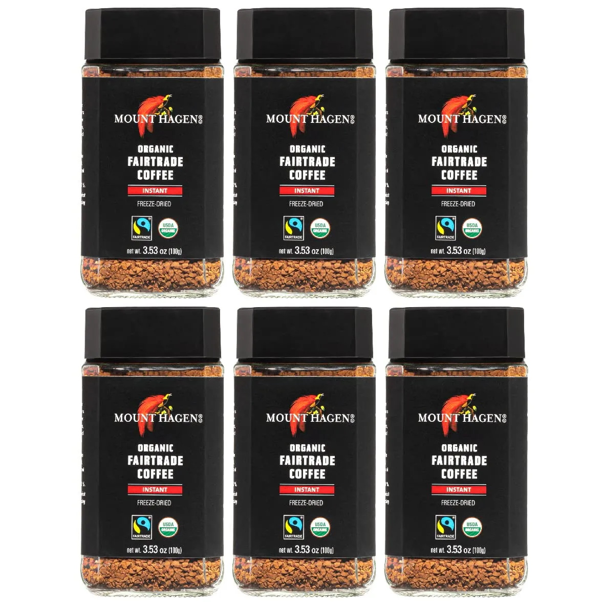 Mount Hagen 3.53oz Organic Freeze Dried Instant Coffee - 6 Pack | Eco-Friendly Coffee Made from Organic Medium Roast Arabica Beans | Fair-Trade Coffee Instant [6 x 3.53oz Jar]