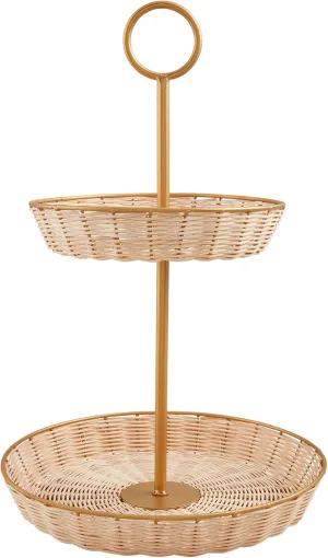 Mud Pie Woven and Brass Tiered Server, 21" x 13" dia, TAN