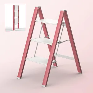 Multifunctional Climbing Ladder Aluminum Alloy Folding Herringbone Ladder widening Pedal Load-Bearing Flower Stand, 2-Step ladder/3-step ladder/4-step Ladder (Color : Pink, Size : 3 Step Ladder)