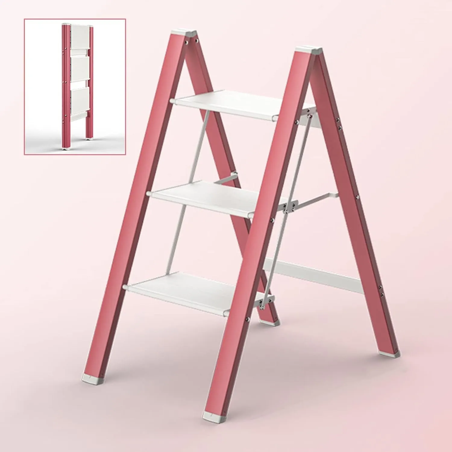 Multifunctional Climbing Ladder Aluminum Alloy Folding Herringbone Ladder widening Pedal Load-Bearing Flower Stand, 2-Step ladder/3-step ladder/4-step Ladder (Color : Pink, Size : 3 Step Ladder)