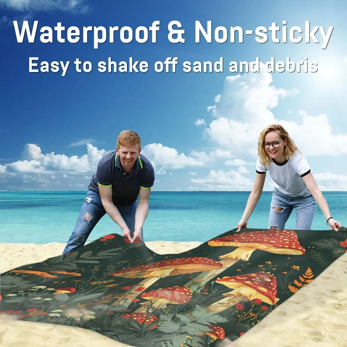 Mushroom Beach Blanket, Sandproof Beach Mat, 68 x 59 Waterproof Quick Drying Sand Free Mat with 4 x Ground Spikes for Outdoor Travel Camping Hiking, Wild Mushrooms