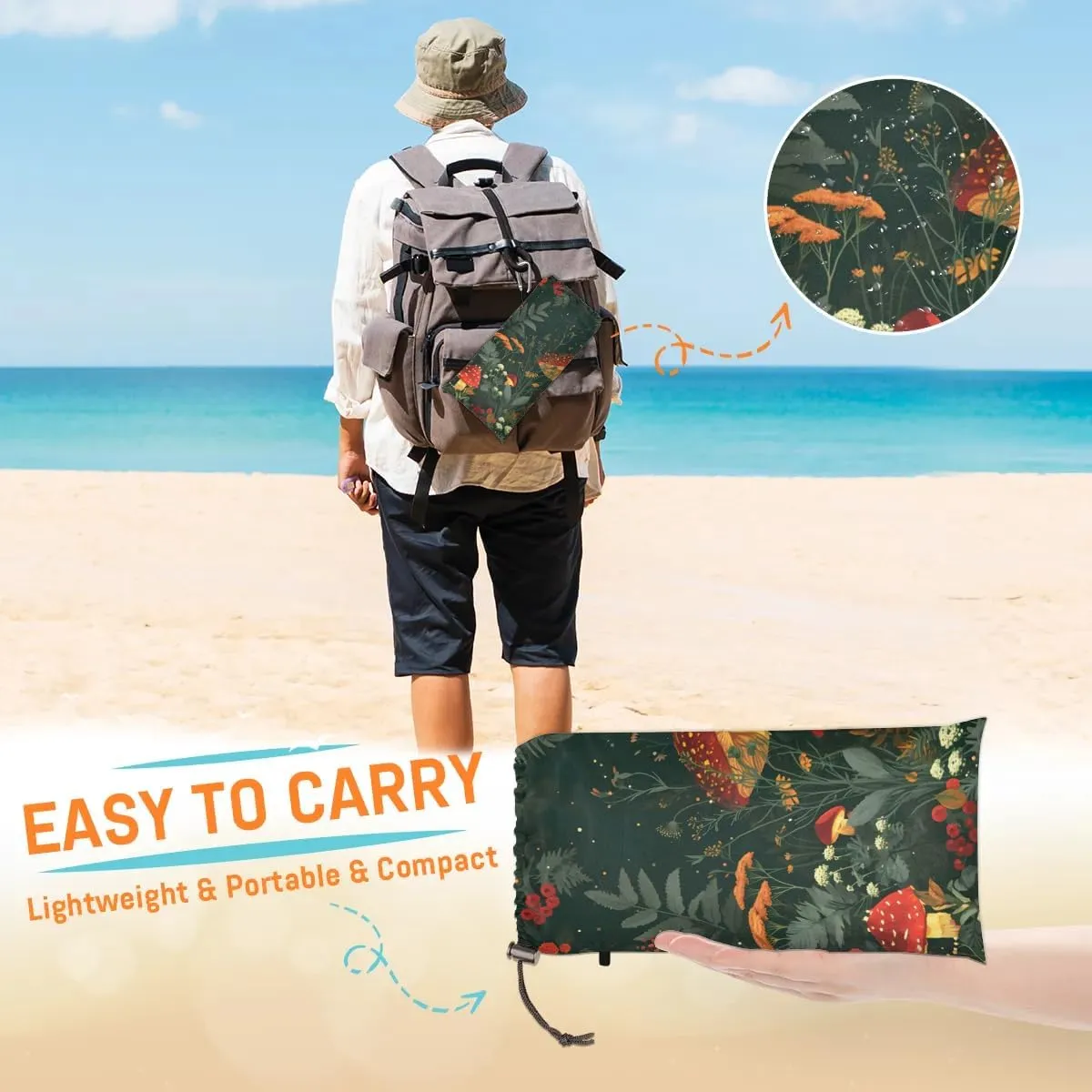 Mushroom Beach Blanket, Sandproof Beach Mat, 68 x 59 Waterproof Quick Drying Sand Free Mat with 4 x Ground Spikes for Outdoor Travel Camping Hiking, Wild Mushrooms