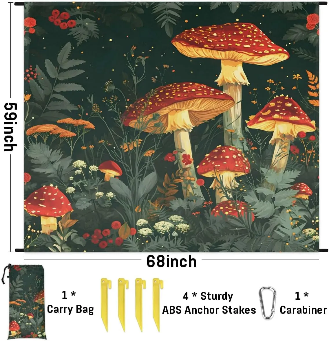 Mushroom Beach Blanket, Sandproof Beach Mat, 68 x 59 Waterproof Quick Drying Sand Free Mat with 4 x Ground Spikes for Outdoor Travel Camping Hiking, Wild Mushrooms