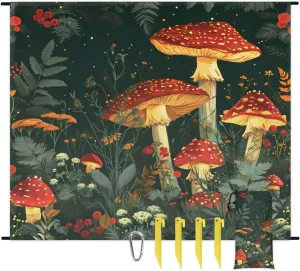 Mushroom Beach Blanket, Sandproof Beach Mat, 68 x 59 Waterproof Quick Drying Sand Free Mat with 4 x Ground Spikes for Outdoor Travel Camping Hiking, Wild Mushrooms