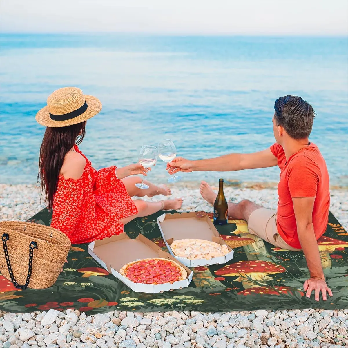 Mushroom Beach Blanket, Sandproof Beach Mat, 68 x 59 Waterproof Quick Drying Sand Free Mat with 4 x Ground Spikes for Outdoor Travel Camping Hiking, Wild Mushrooms