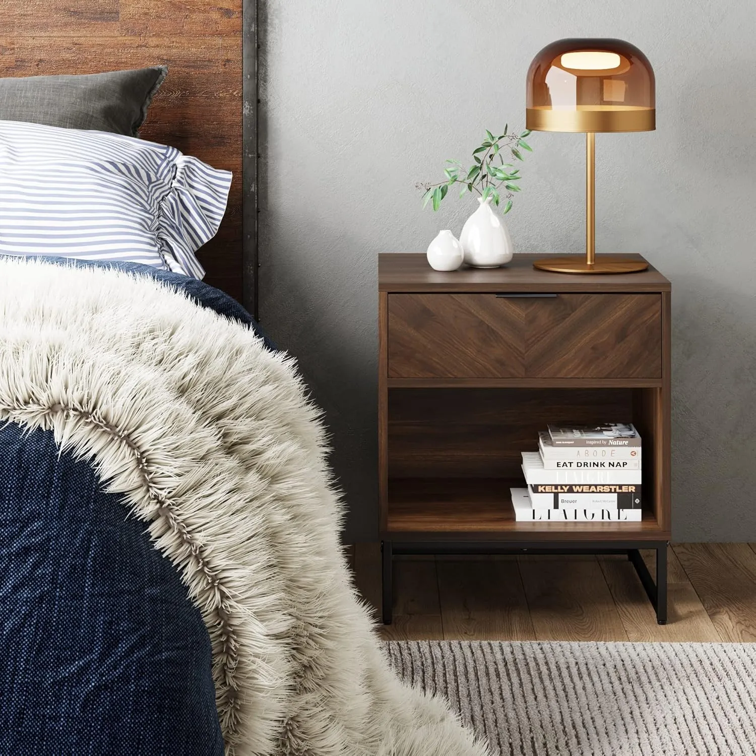 Nathan James Kensi Nightstand Side Accent or End Table with Storage, Walnut/Black