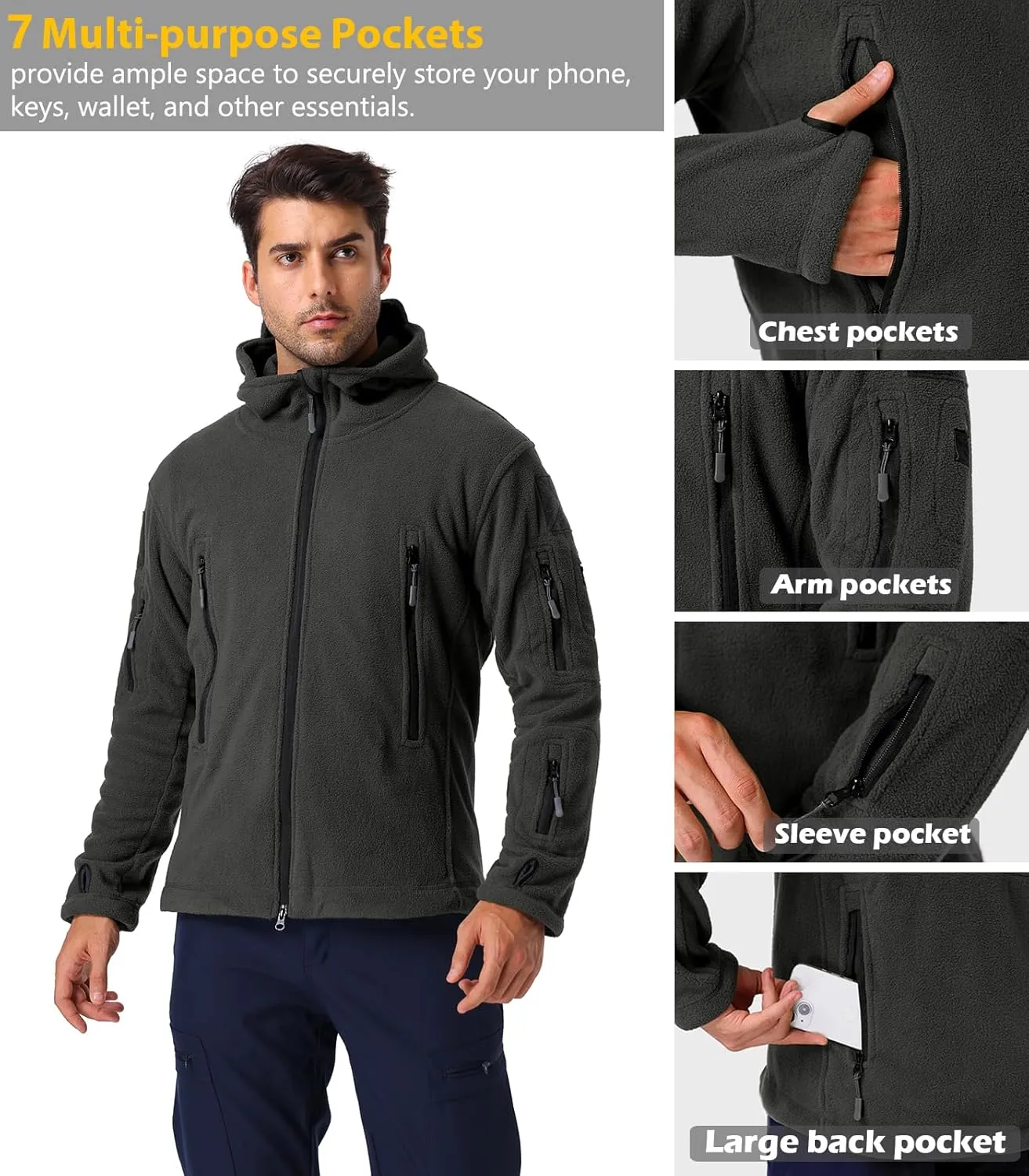 NAVEKULL Men's Tactical Hoodie Fleece Jacket Winter Warm Full-Zip Military Army Outdoor Hiking Coat with 7 Zip-pockets