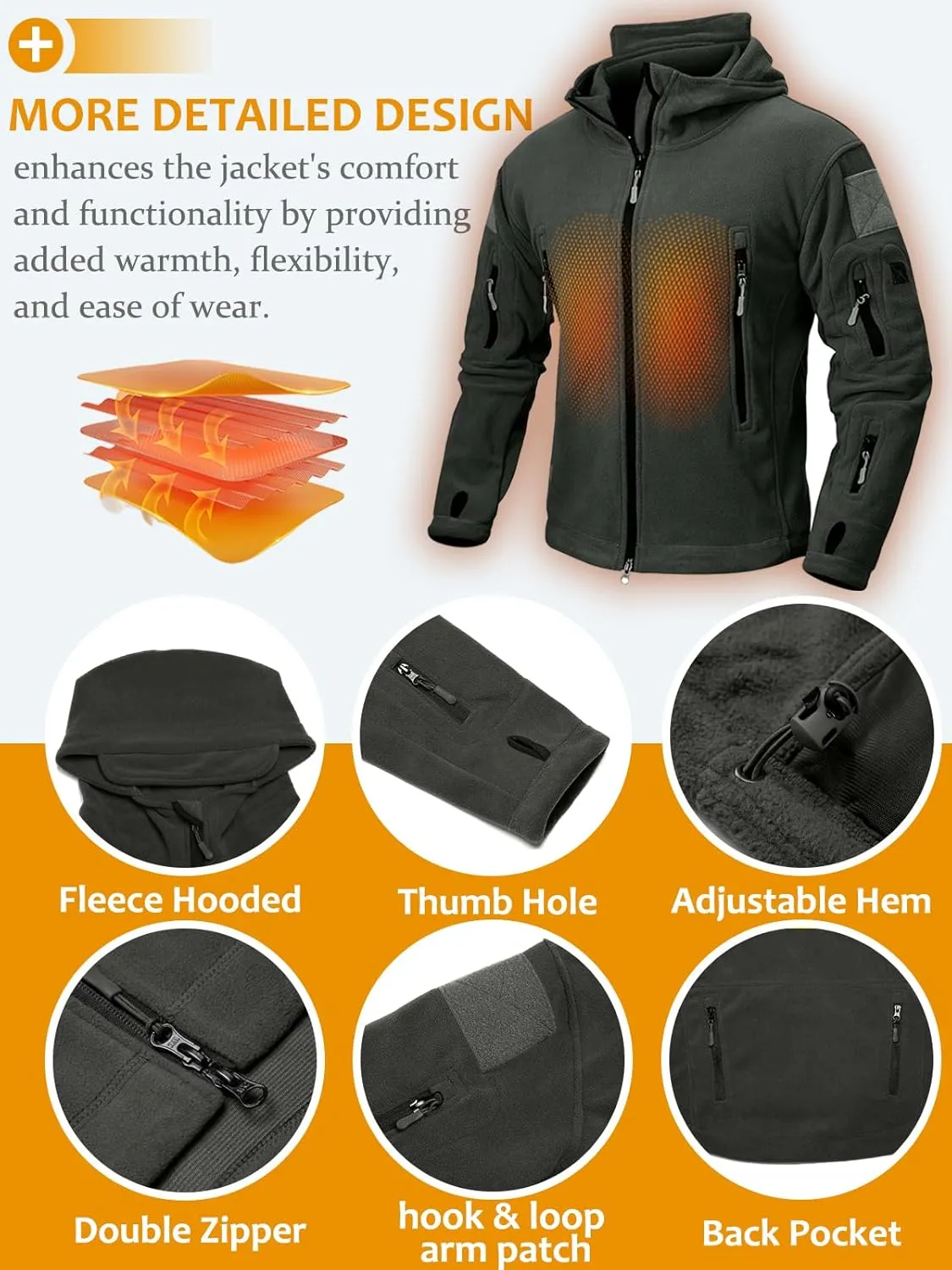 NAVEKULL Men's Tactical Hoodie Fleece Jacket Winter Warm Full-Zip Military Army Outdoor Hiking Coat with 7 Zip-pockets