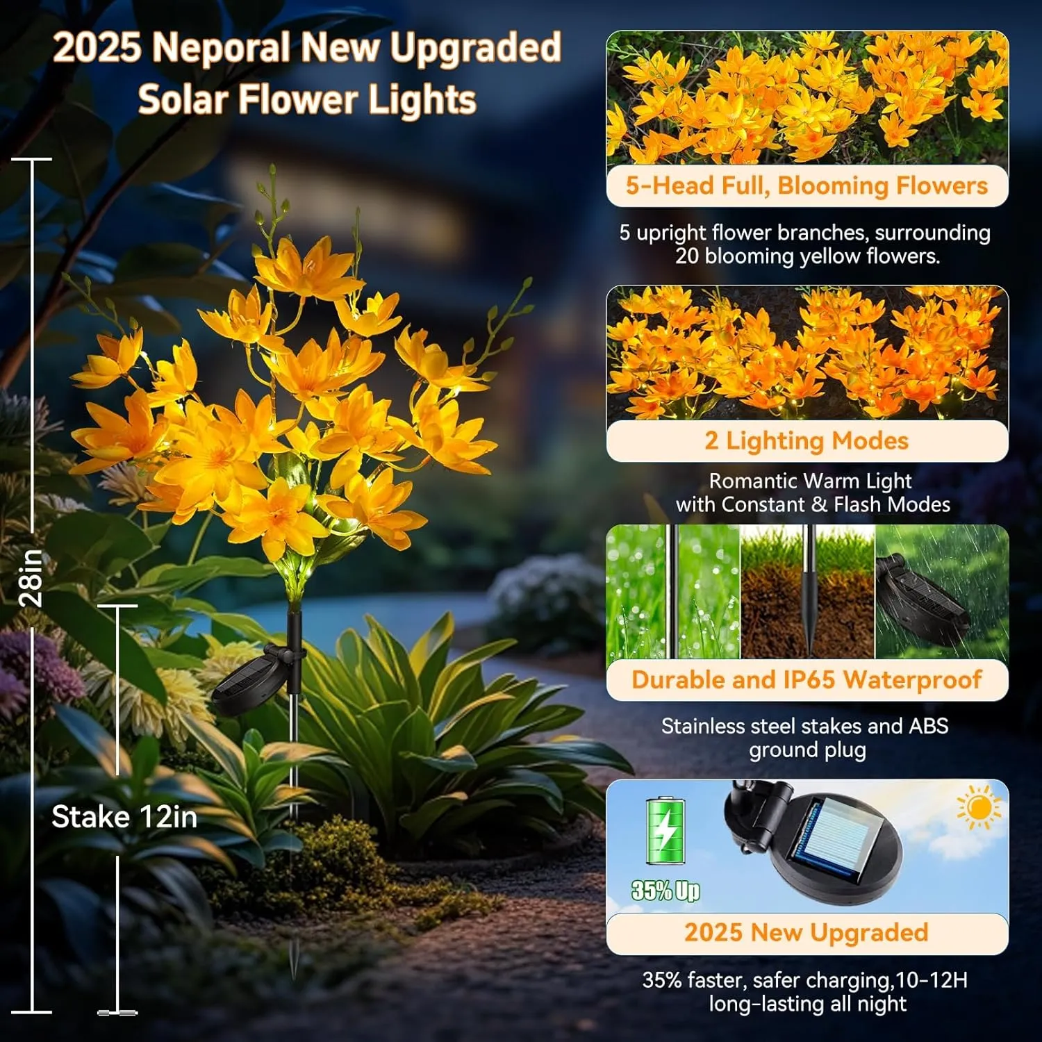 Neporal Solar Flowers Outdoor Waterproof IP65, 5-Head Snow Lotus with 20  Flowers, Warm LED Light & 2 Lighting Modes, Decorative Solar Lights Outdoor Garden, Yard, Pathway, Flower Bed (2-Pack, Yellow)