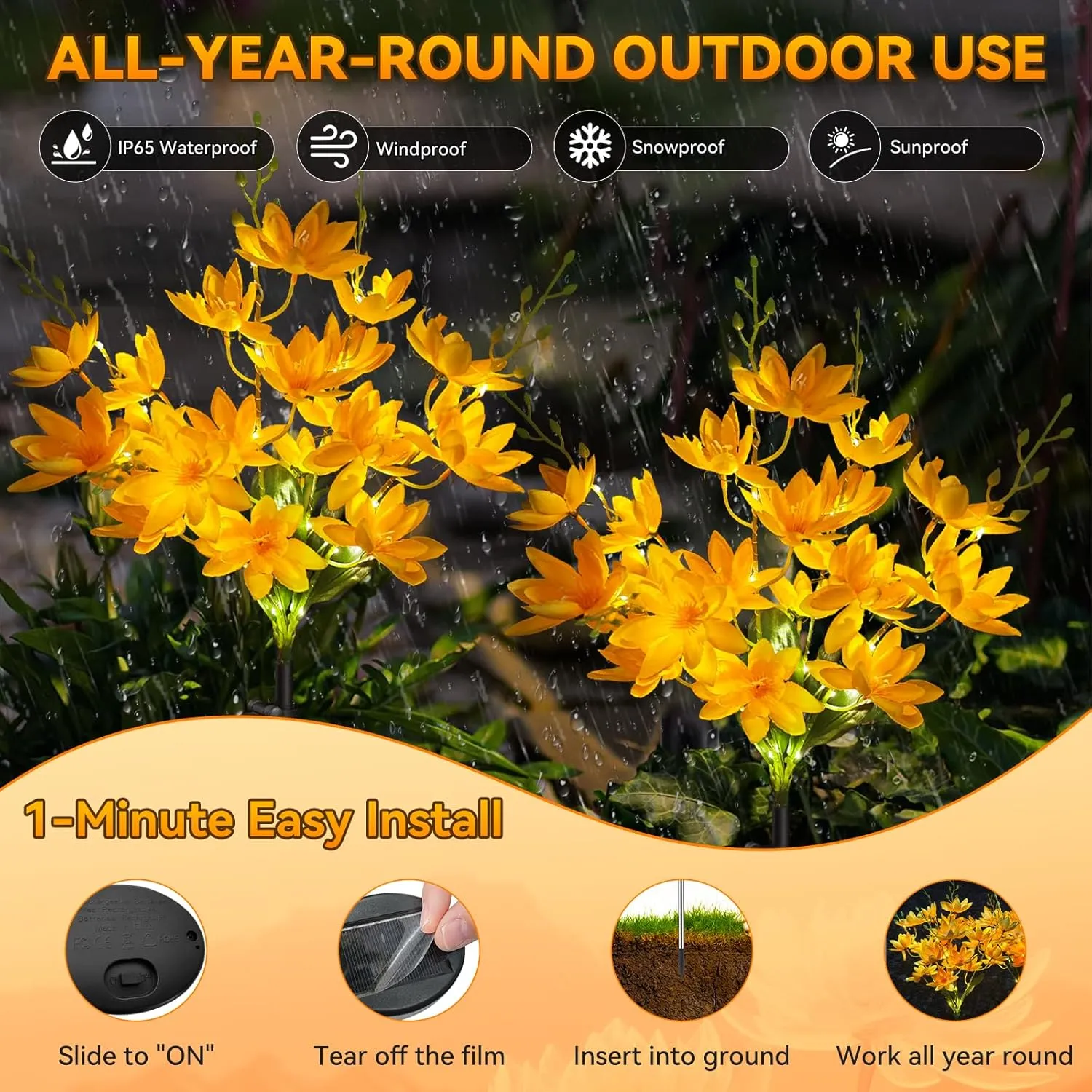 Neporal Solar Flowers Outdoor Waterproof IP65, 5-Head Snow Lotus with 20  Flowers, Warm LED Light & 2 Lighting Modes, Decorative Solar Lights Outdoor Garden, Yard, Pathway, Flower Bed (2-Pack, Yellow)