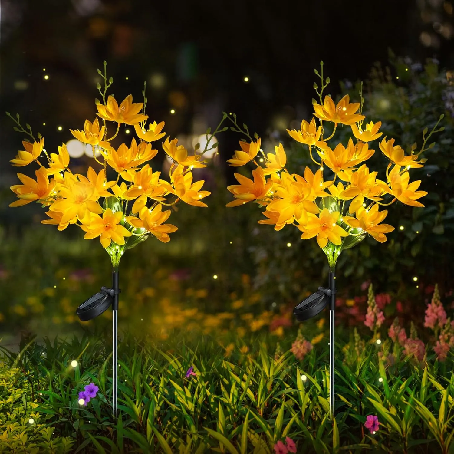 Neporal Solar Flowers Outdoor Waterproof IP65, 5-Head Snow Lotus with 20  Flowers, Warm LED Light & 2 Lighting Modes, Decorative Solar Lights Outdoor Garden, Yard, Pathway, Flower Bed (2-Pack, Yellow)