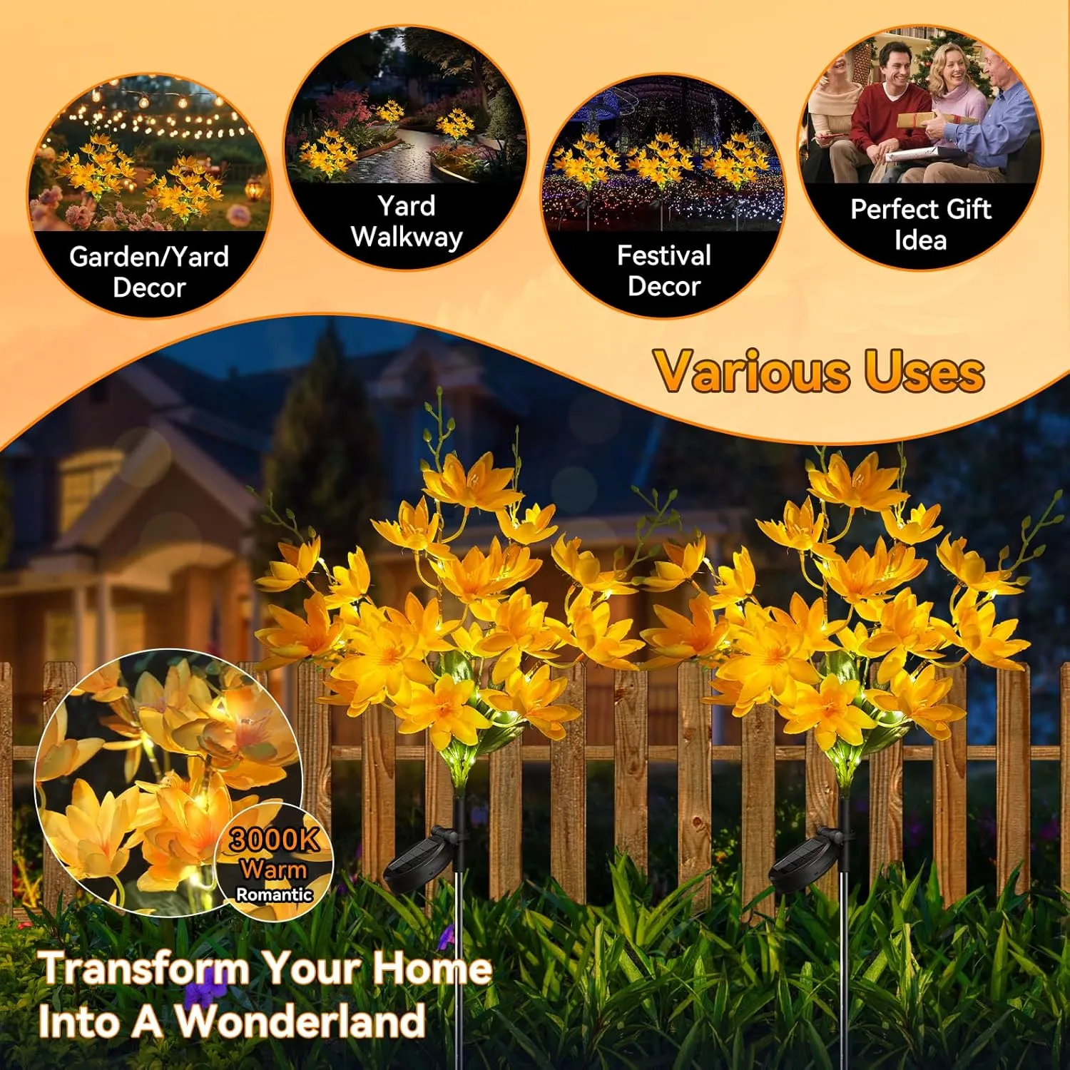 Neporal Solar Flowers Outdoor Waterproof IP65, 5-Head Snow Lotus with 20  Flowers, Warm LED Light & 2 Lighting Modes, Decorative Solar Lights Outdoor Garden, Yard, Pathway, Flower Bed (2-Pack, Yellow)