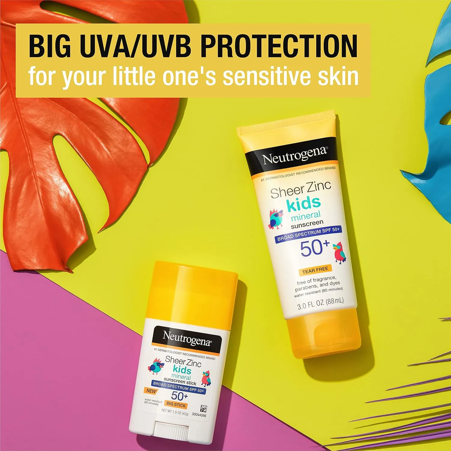Neutrogena Sheer Zinc Oxide Kids Mineral Sunscreen Stick, Broad Spectrum SPF 50  & UVA/UVB Protection & Water Resistant with Residue-Free, No-Mess Application, Oil- & Paraben-Free, 1.5 oz