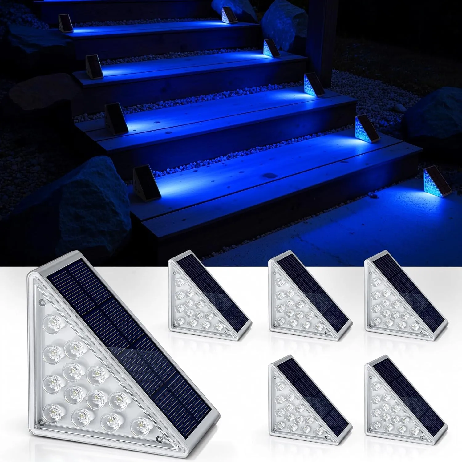 NIORSUN Solar Step Lights for Outside,6 Pack Blue LED Outdoor Step Lights, Stair Lights Outdoor for Patio, Fence, Yard, Walkway, Solar Powered Auto On/Off, IP67 Waterproof, Easy Install