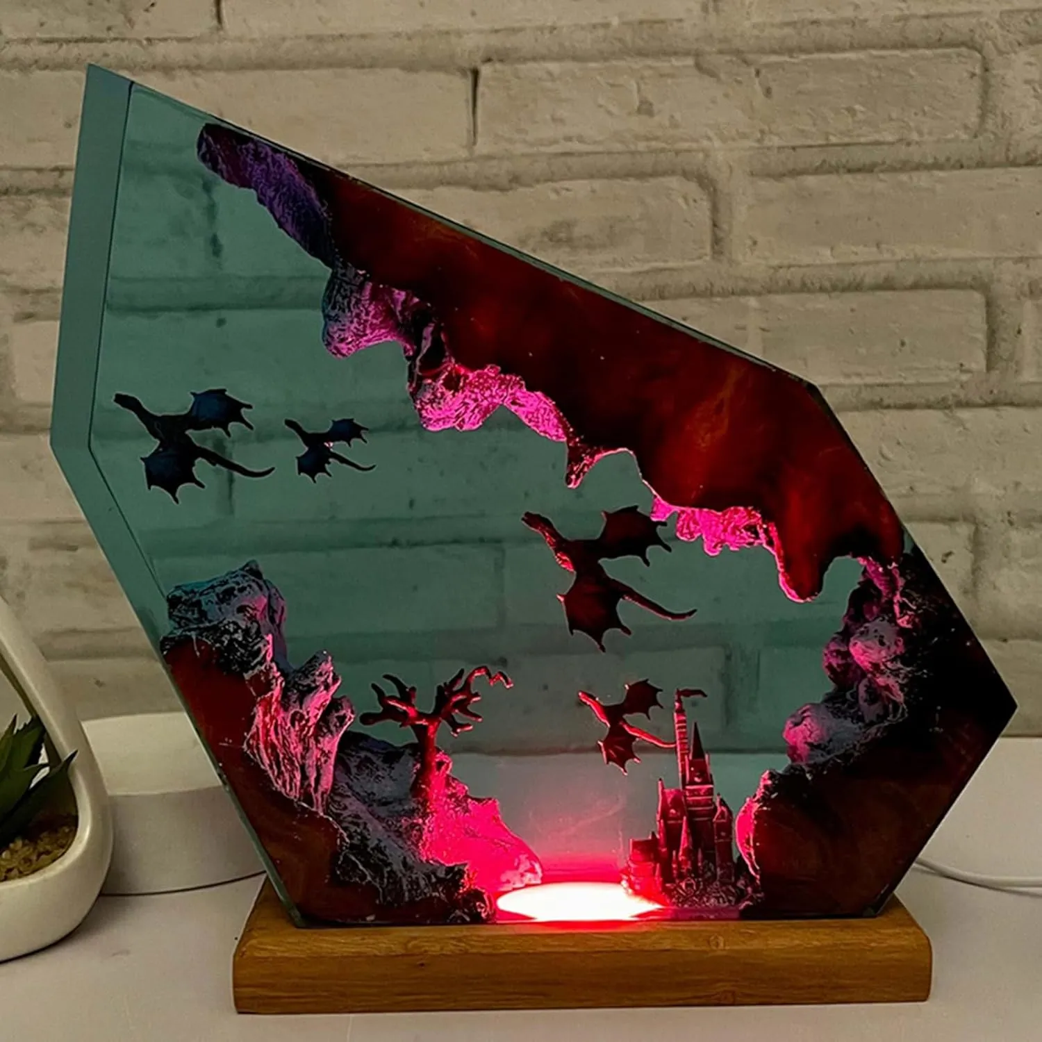 Ocean Creative Epoxy Resin Wood Light Lamp, Handmade Multi Color Aquatic Ocean Lamp Deep Sea Diver Cave Diving Enthusiasts Led Night Light Desktop Decor Christmas Birthday Gift (Dragon, S)