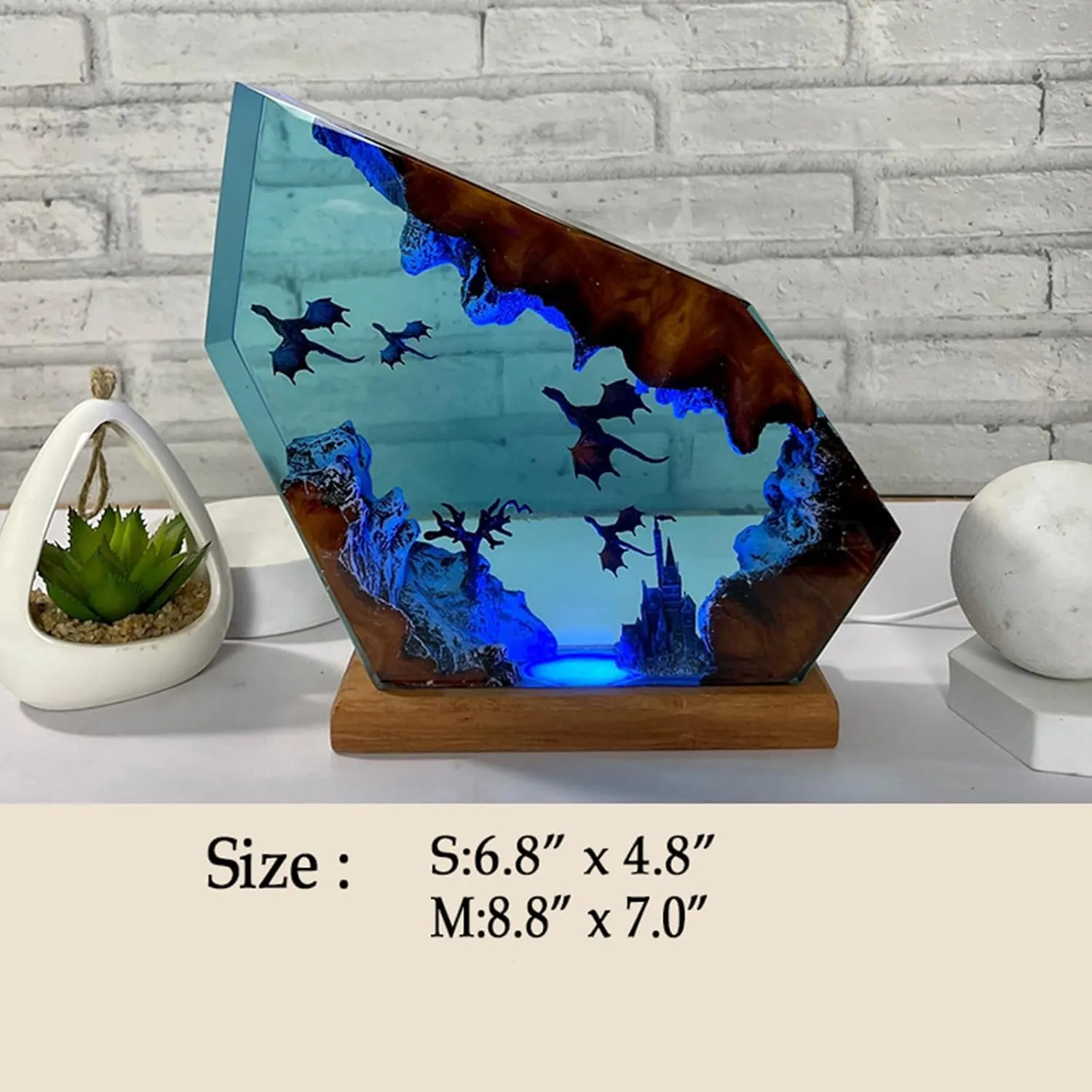 Ocean Creative Epoxy Resin Wood Light Lamp, Handmade Multi Color Aquatic Ocean Lamp Deep Sea Diver Cave Diving Enthusiasts Led Night Light Desktop Decor Christmas Birthday Gift (Dragon, S)