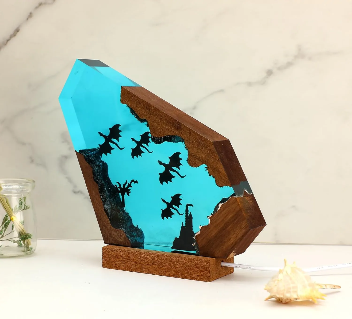 Ocean Creative Epoxy Resin Wood Light Lamp, Handmade Multi Color Aquatic Ocean Lamp Deep Sea Diver Cave Diving Enthusiasts Led Night Light Desktop Decor Christmas Birthday Gift (Dragon, S)