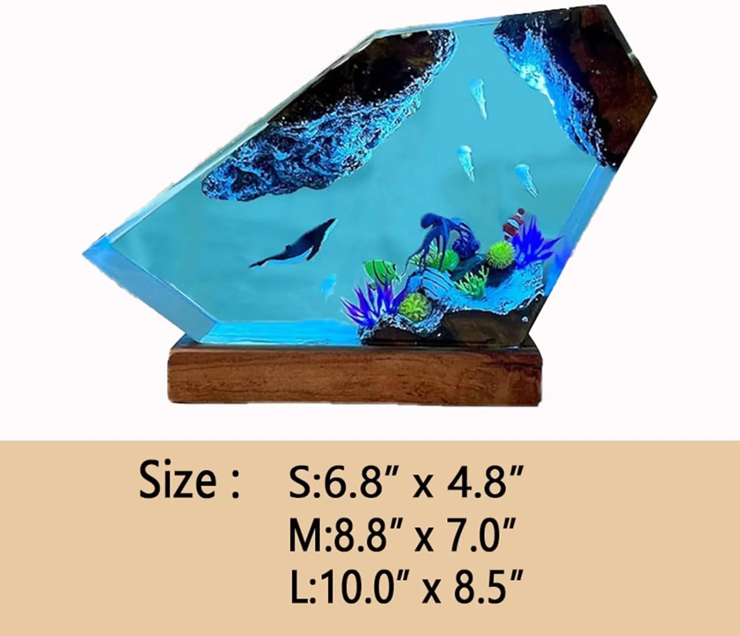 Ocean Creative Epoxy Resin Wood Light Lamp, Handmade Multi Color Aquatic Ocean Lamp Deep Sea Diver Cave Diving Enthusiasts Led Night Light Desktop Decor Christmas Birthday Gift (Jellyfish, S)