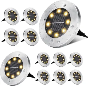 ODEETRONIC Solar Ground Lights Outdoor, 12 Packs 8 LED Solar Path Lights, Solar-Powered Disk Light Waterproof, In-ground Puck Light Flat Pathway Lamp for Landscape Pathway Patio Walkway, Warm White