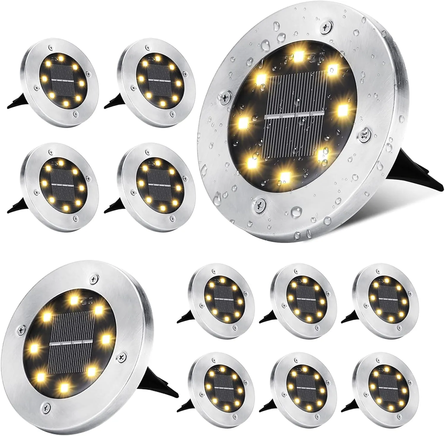 ODEETRONIC Solar Ground Lights Outdoor, 12 Packs 8 LED Solar Path Lights, Solar-Powered Disk Light Waterproof, In-ground Puck Light Flat Pathway Lamp for Landscape Pathway Patio Walkway, Warm White