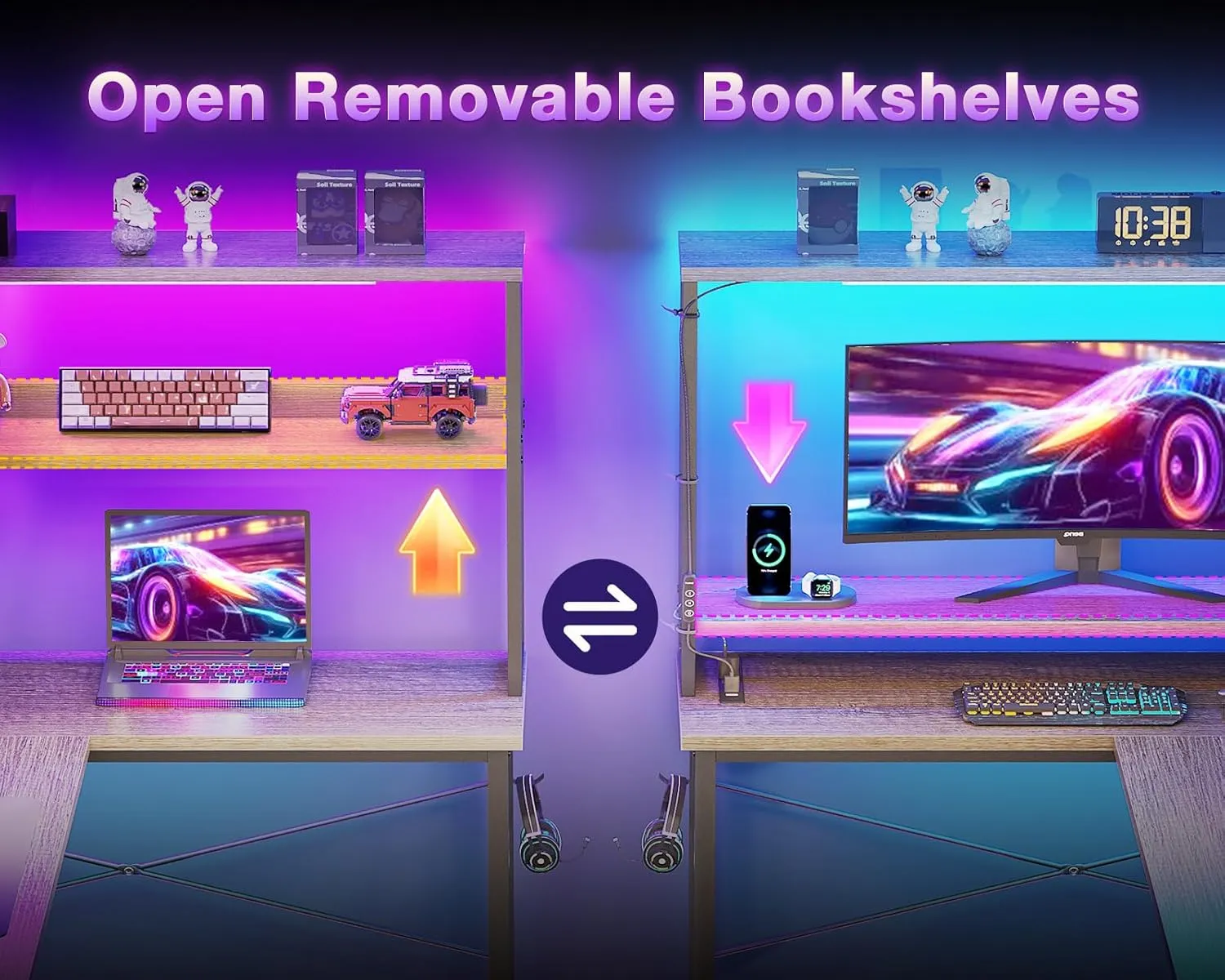 ODK 53 Inch L Shaped Desk with LED Lighting, Reversible Gaming Desk with Power Outlets, Cornor Computer Table with Storage Shelves & Bag & Iron Hook, Home Office Table for Writing, Study, Grey Oak