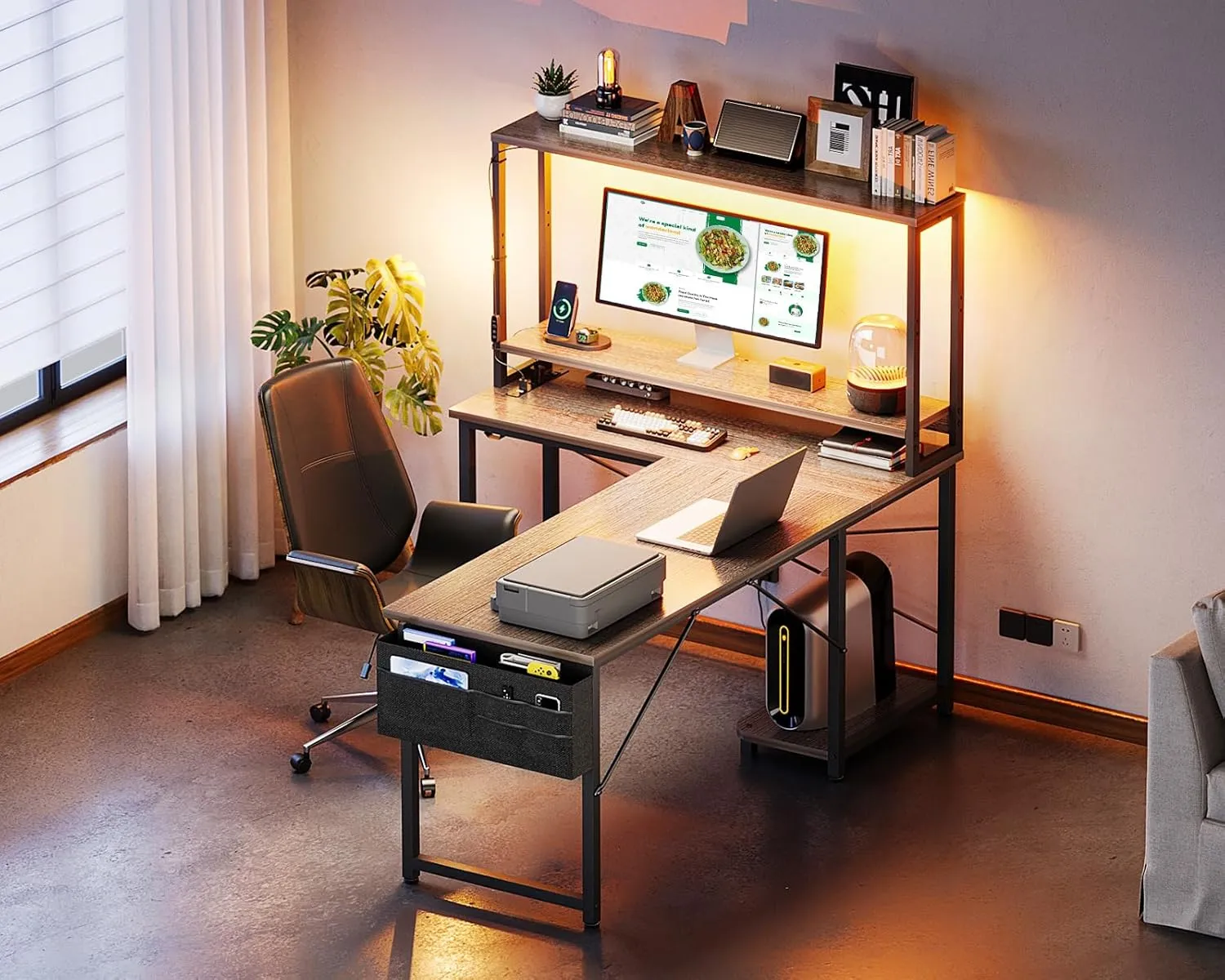 ODK 53 Inch L Shaped Desk with LED Lighting, Reversible Gaming Desk with Power Outlets, Cornor Computer Table with Storage Shelves & Bag & Iron Hook, Home Office Table for Writing, Study, Grey Oak