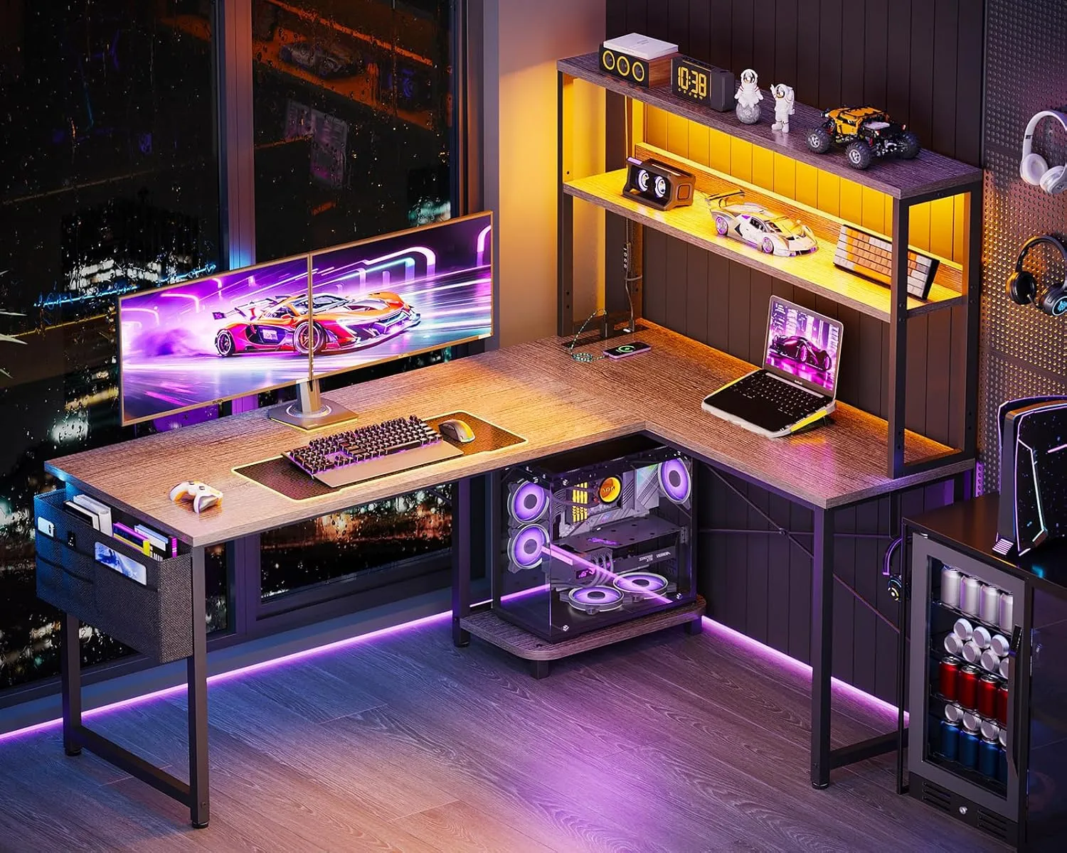 ODK 53 Inch L Shaped Desk with LED Lighting, Reversible Gaming Desk with Power Outlets, Cornor Computer Table with Storage Shelves & Bag & Iron Hook, Home Office Table for Writing, Study, Grey Oak