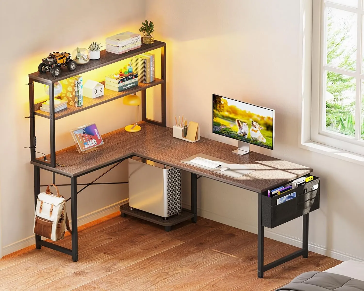 ODK 53 Inch L Shaped Desk with LED Lighting, Reversible Gaming Desk with Power Outlets, Cornor Computer Table with Storage Shelves & Bag & Iron Hook, Home Office Table for Writing, Study, Grey Oak