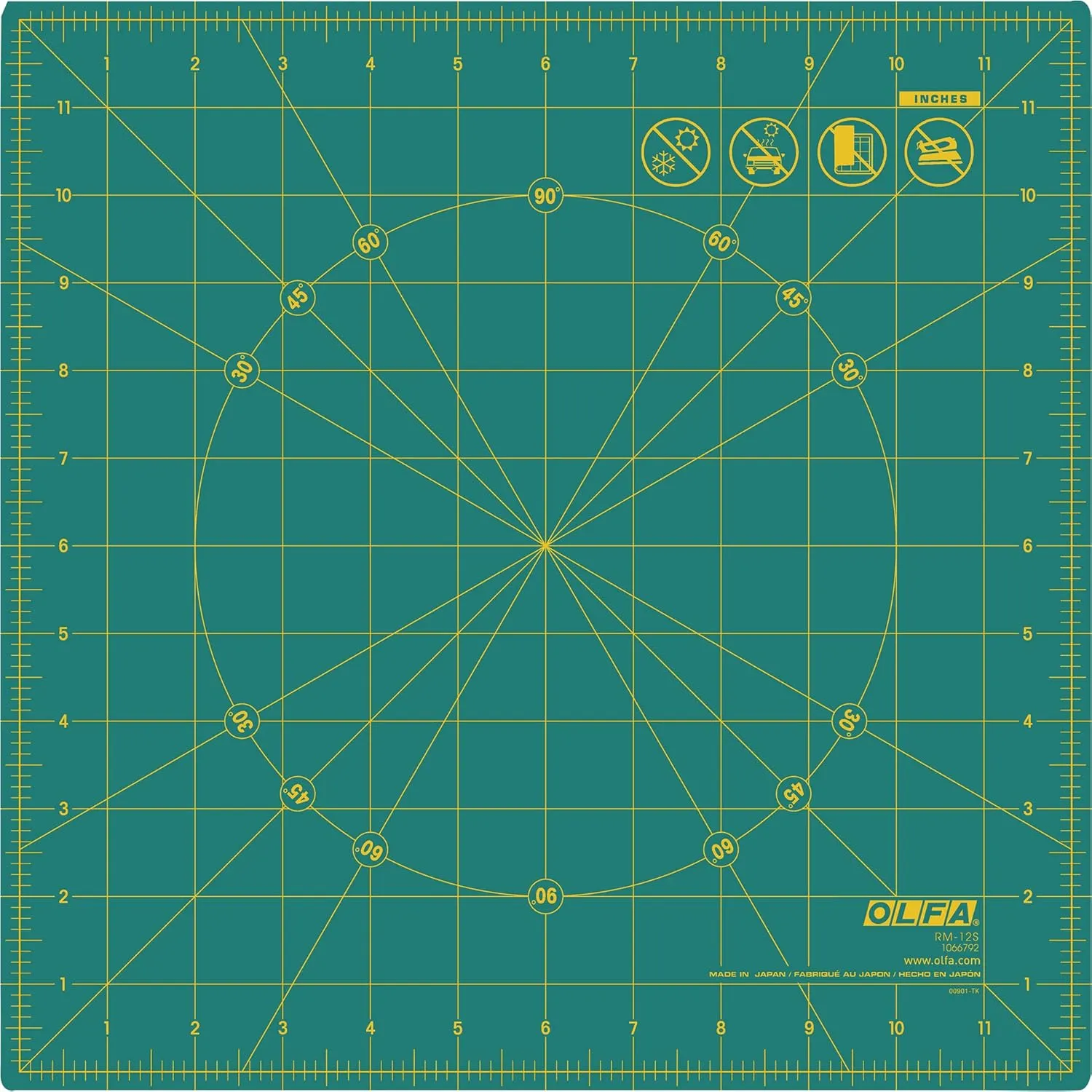 OLFA 12" x 12" Rotating Cutting Mat (RM-12S) - Self Healing 12x12 Inch Square Rotary Mat with Grid for Fabric, Sewing, Quilting, & Crafts, Rotates 360 Degrees, Use with Rotary Cutters (Green)