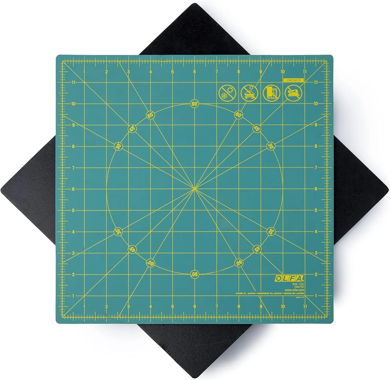 OLFA 12" x 12" Rotating Cutting Mat (RM-12S) - Self Healing 12x12 Inch Square Rotary Mat with Grid for Fabric, Sewing, Quilting, & Crafts, Rotates 360 Degrees, Use with Rotary Cutters (Green)