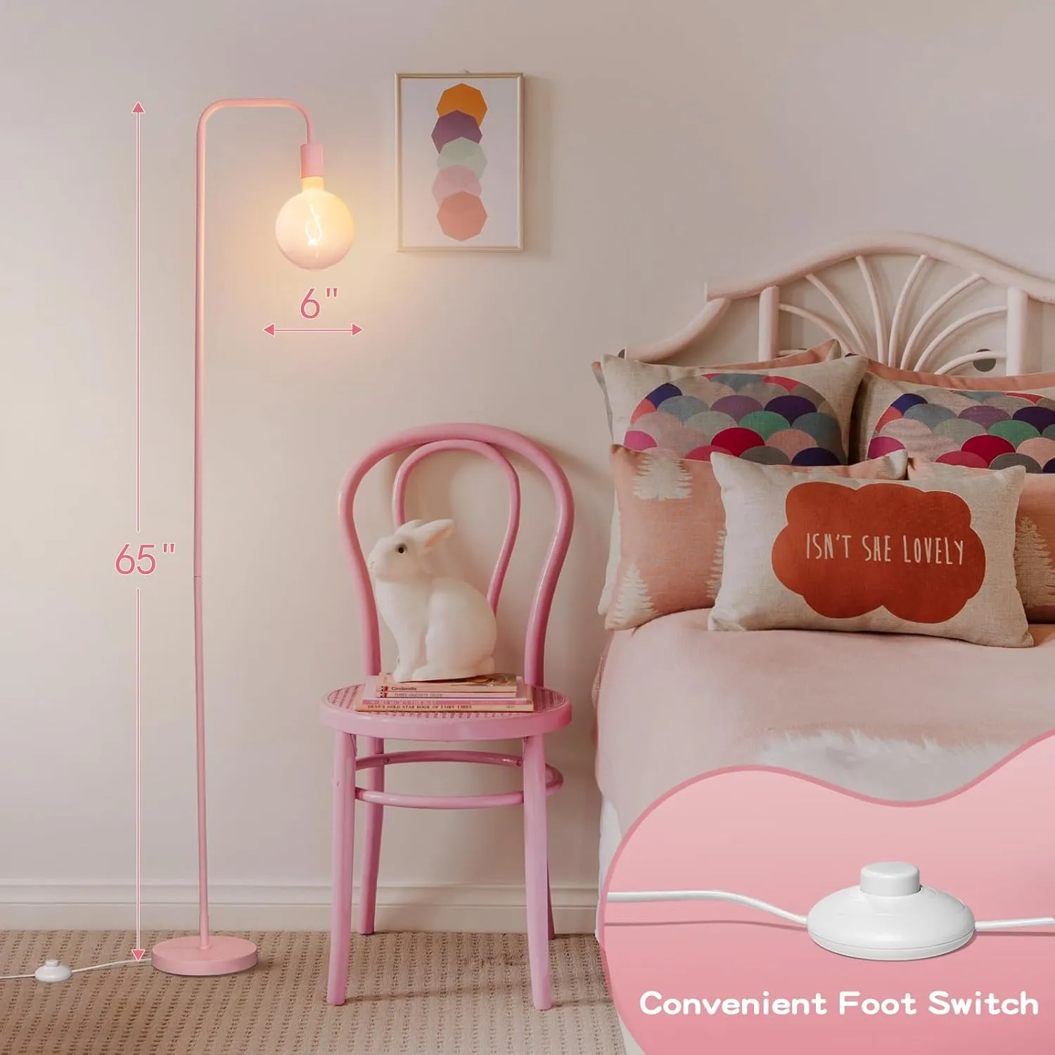 ONEWISH Pink Floor Lamp for Bedroom, Cute Standing Lamp with LED Bulb, Translucent Pink Globe Glass 2700k Warm Lighting. Globe Floor Lamp for Livingroom, Bedroom,Office